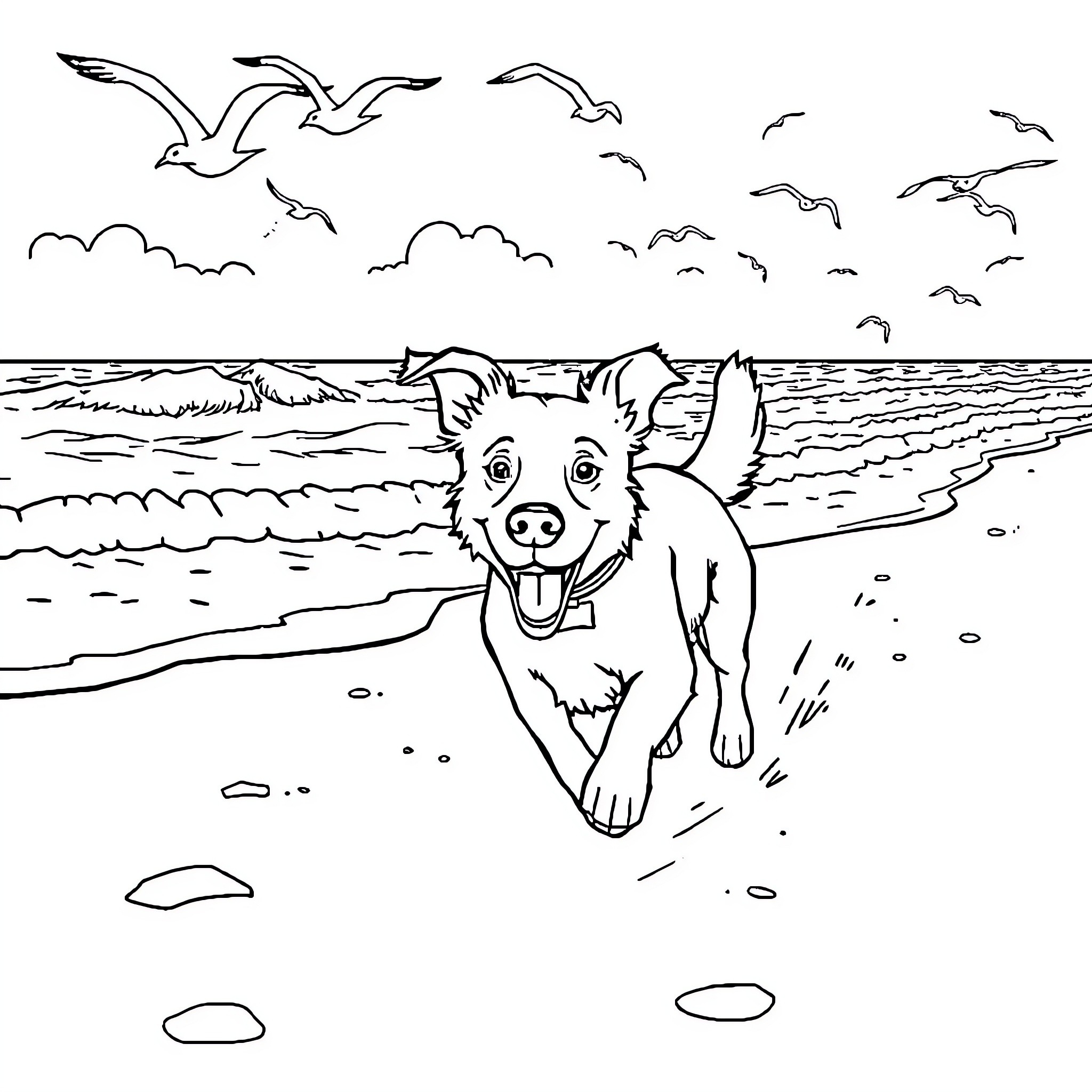 Dog joyfully running on the beach Coloring Page (free black-and-white line drawing printable PDF for all, from beginners to advanced learners, including children, teens, adults, and seniors)