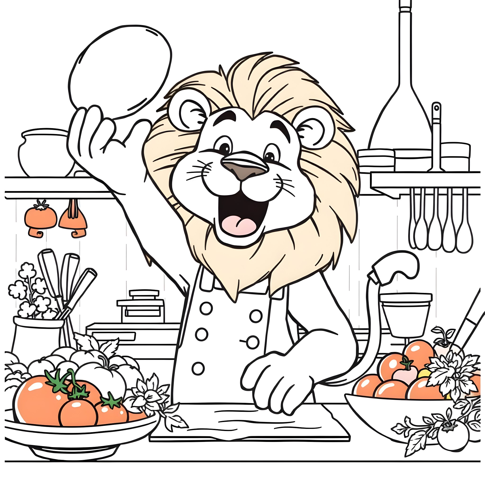 Lion chef cooking in a kitchen Coloring Page (free black-and-white line drawing printable PDF for all, from beginners to advanced learners, including children, teens, adults, and seniors)