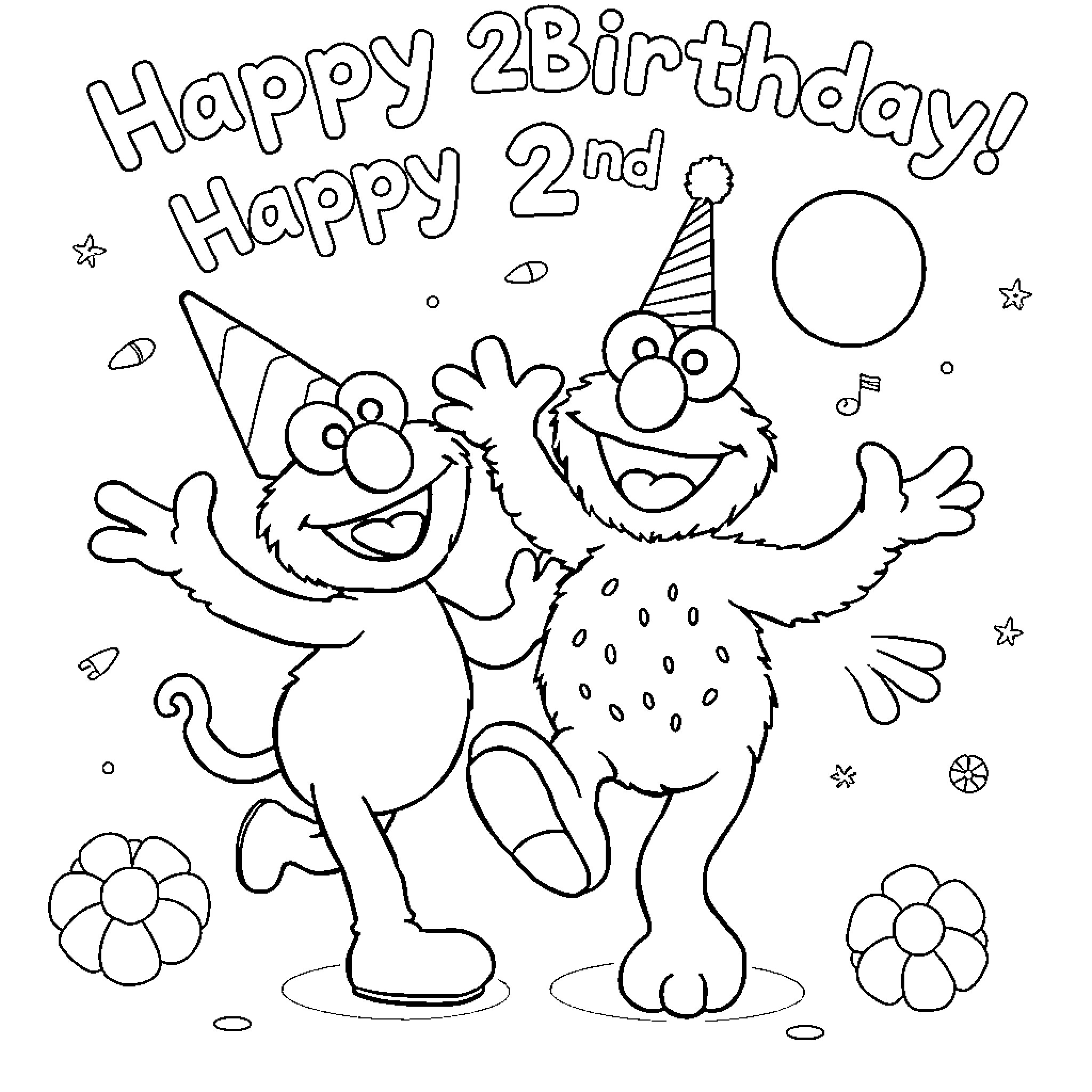 Elmo celebrates a happy 2nd birthday party Coloring Page (free black-and-white line drawing printable PDF for all, from beginners to advanced learners, including children, teens, adults, and seniors)