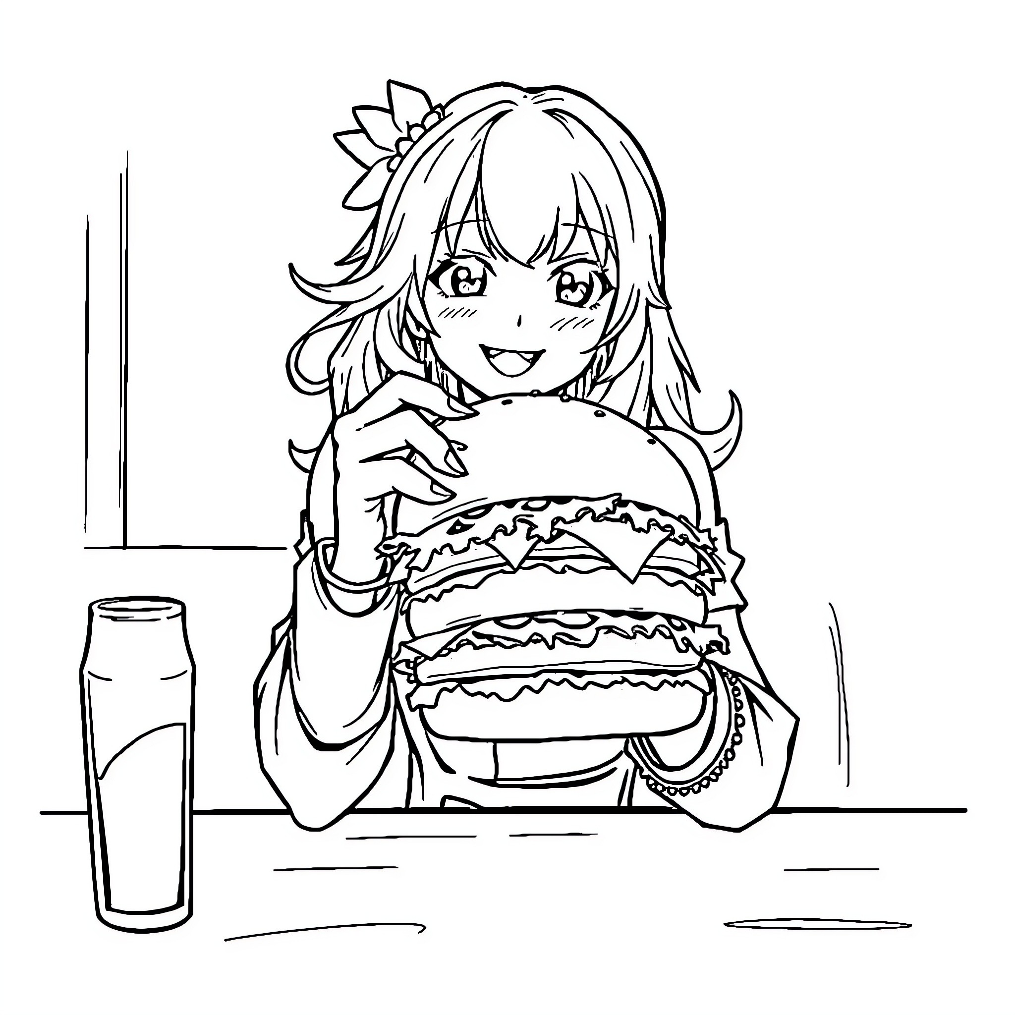 Celica Enjoying Delightful Dessert Coloring Page (free black-and-white line drawing printable PDF for all, from beginners to advanced learners, including children, teens, adults, and seniors)