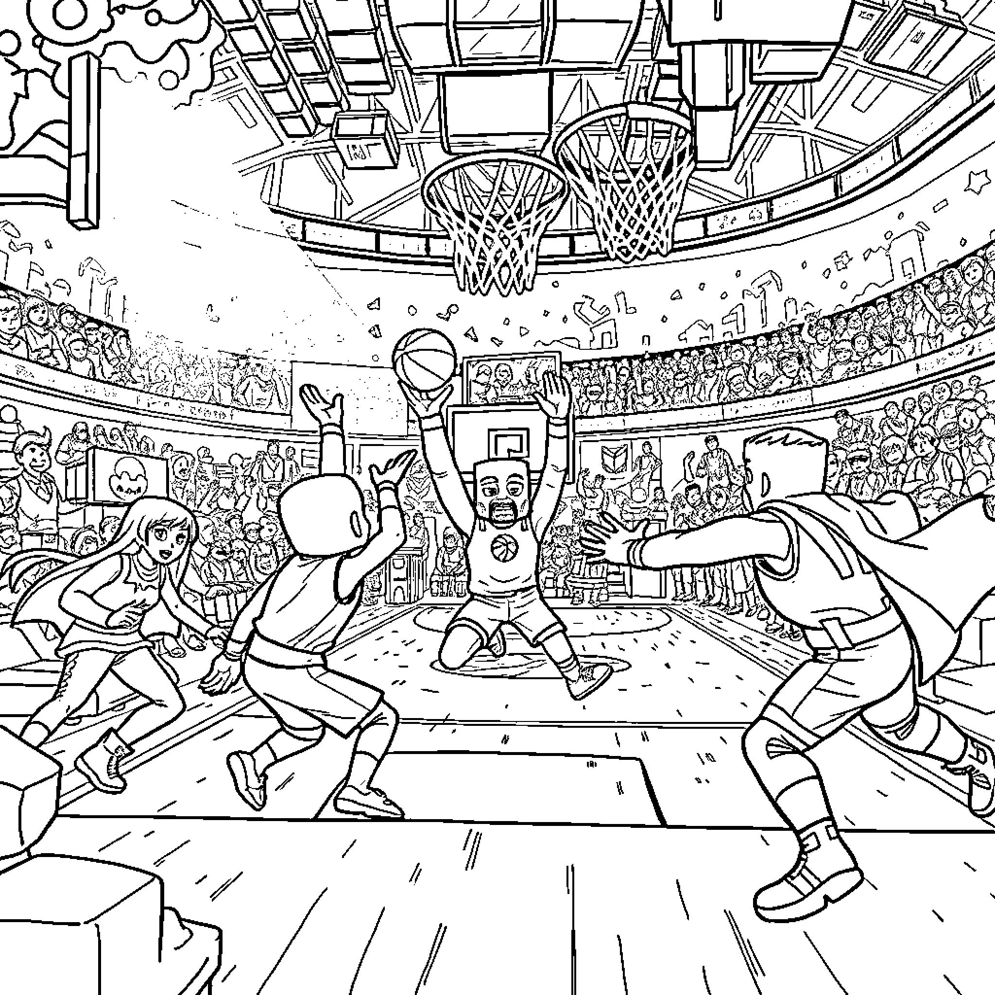 Superhero Basketball Players Competing in Exciting Game Coloring Page (free black-and-white line drawing printable PDF for all, from beginners to advanced learners, including children, teens, adults, and seniors)