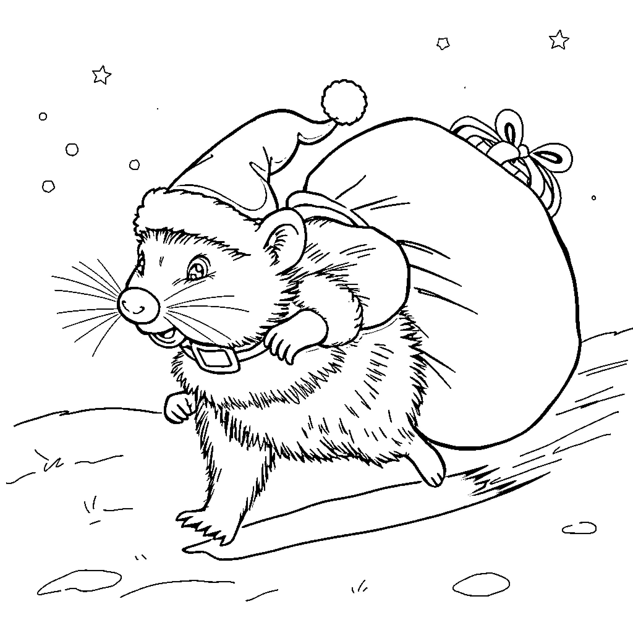 Wombat sliding down snowy hill with Santa hat Coloring Page (free black-and-white line drawing printable PDF for all, from beginners to advanced learners, including children, teens, adults, and seniors)