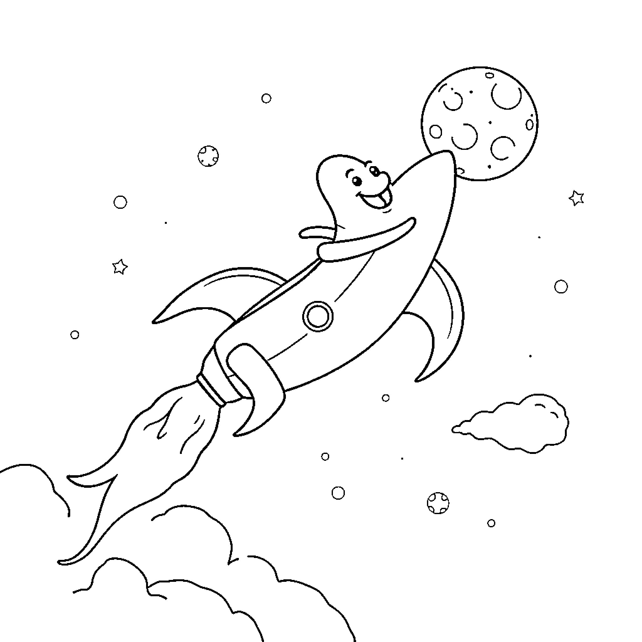 Banana flying in a rocket ship to the moon Coloring Page (free black-and-white line drawing printable PDF for all, from beginners to advanced learners, including children, teens, adults, and seniors)