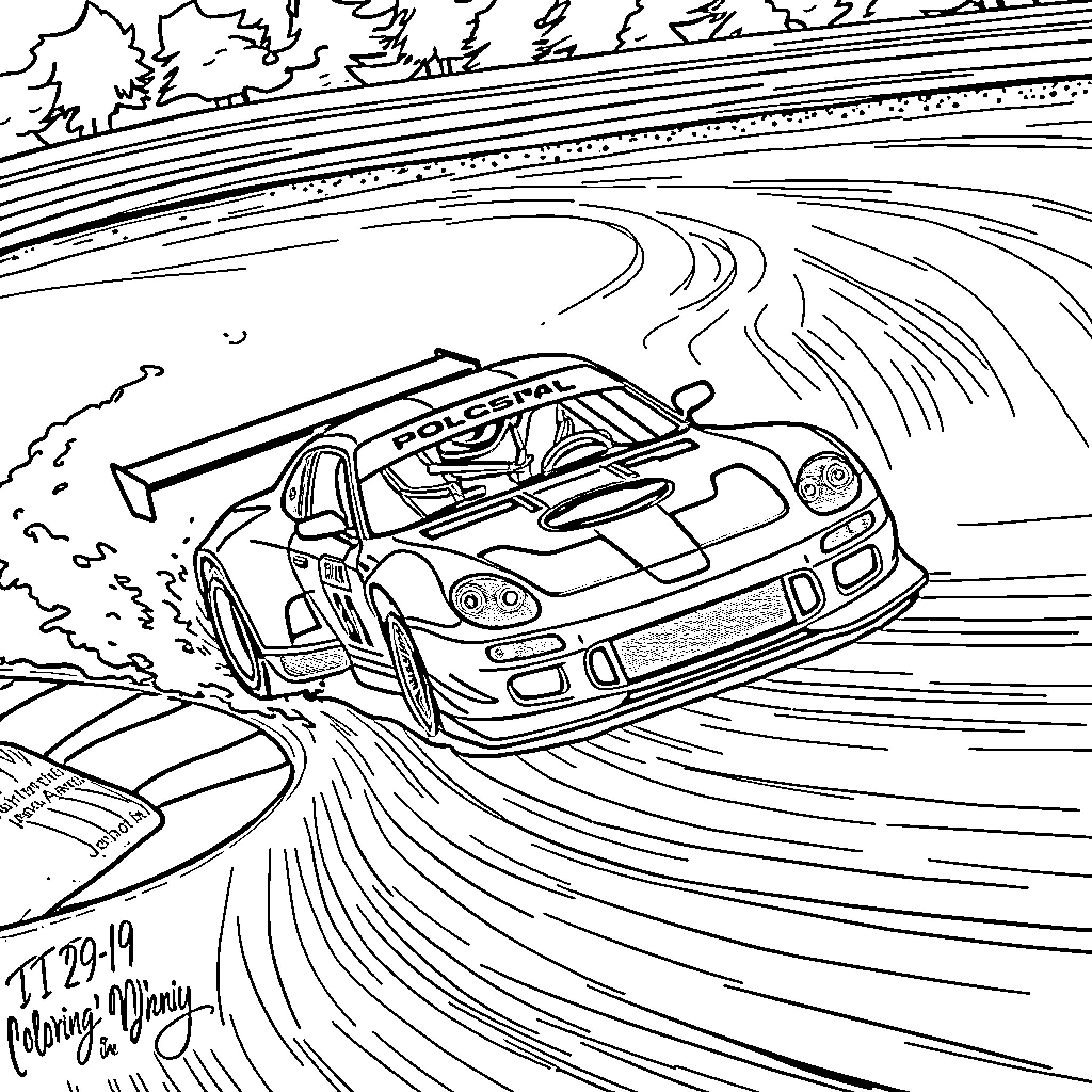 Racing Car dashing through the track Coloring Page (free black-and-white line drawing printable PDF for all, from beginners to advanced learners, including children, teens, adults, and seniors)