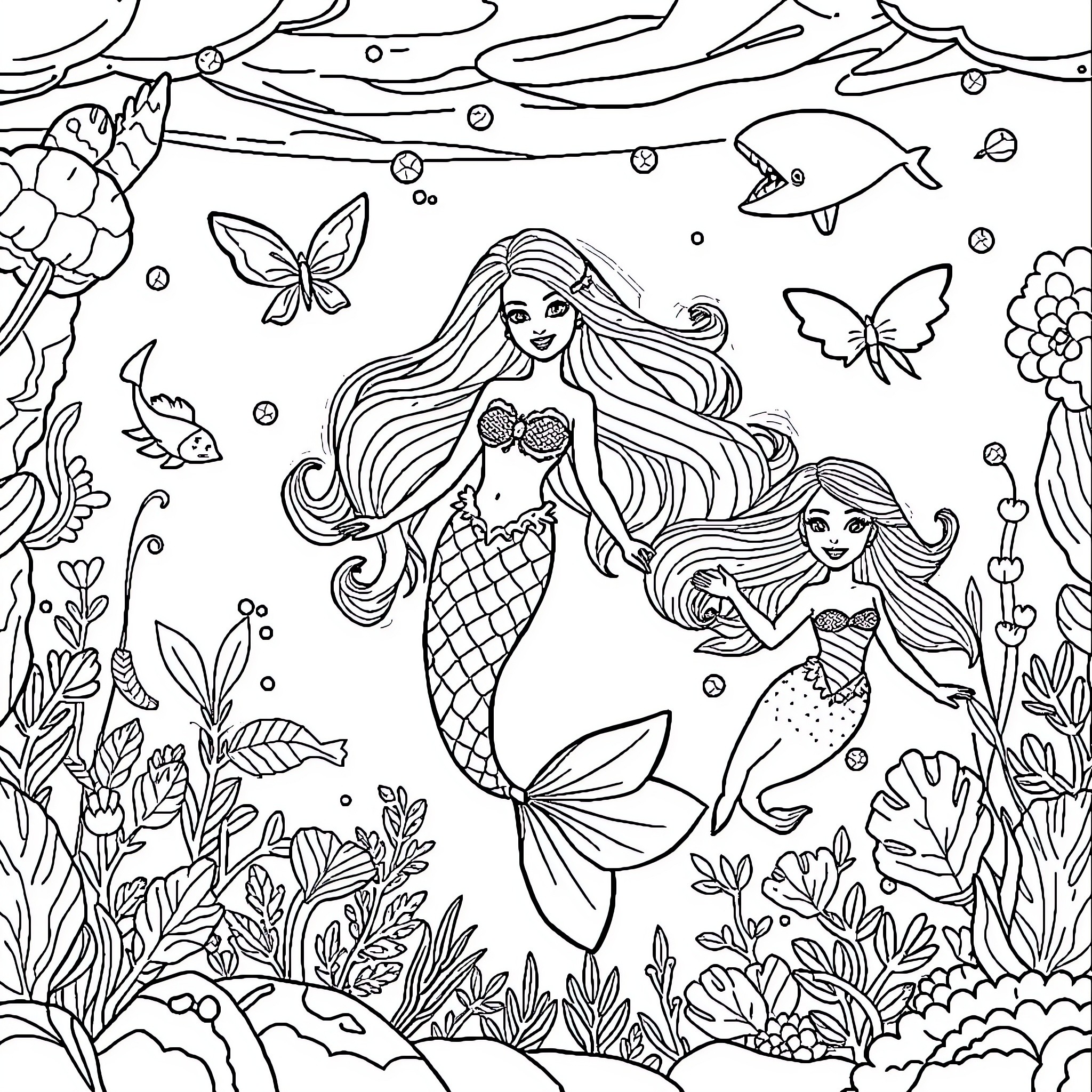Mermaid sisters swimming among sea creatures and plants Coloring Page (free black-and-white line drawing printable PDF for all, from beginners to advanced learners, including children, teens, adults, and seniors)