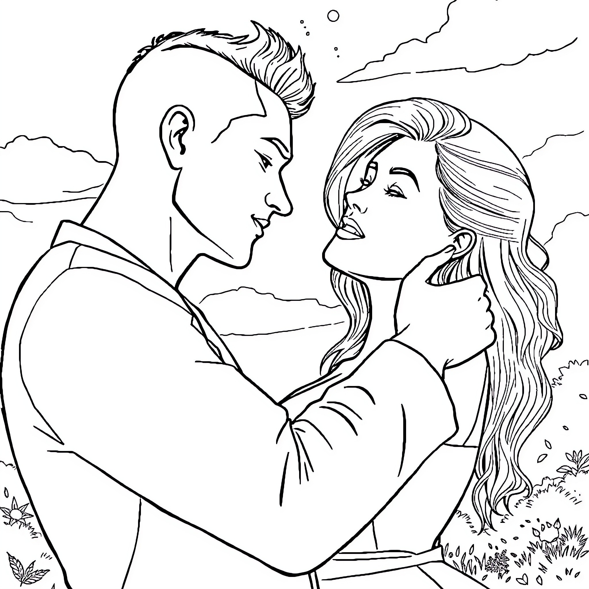 Couple embracing in the outdoors Coloring Page (free black-and-white line drawing printable PDF for all, from beginners to advanced learners, including children, teens, adults, and seniors)