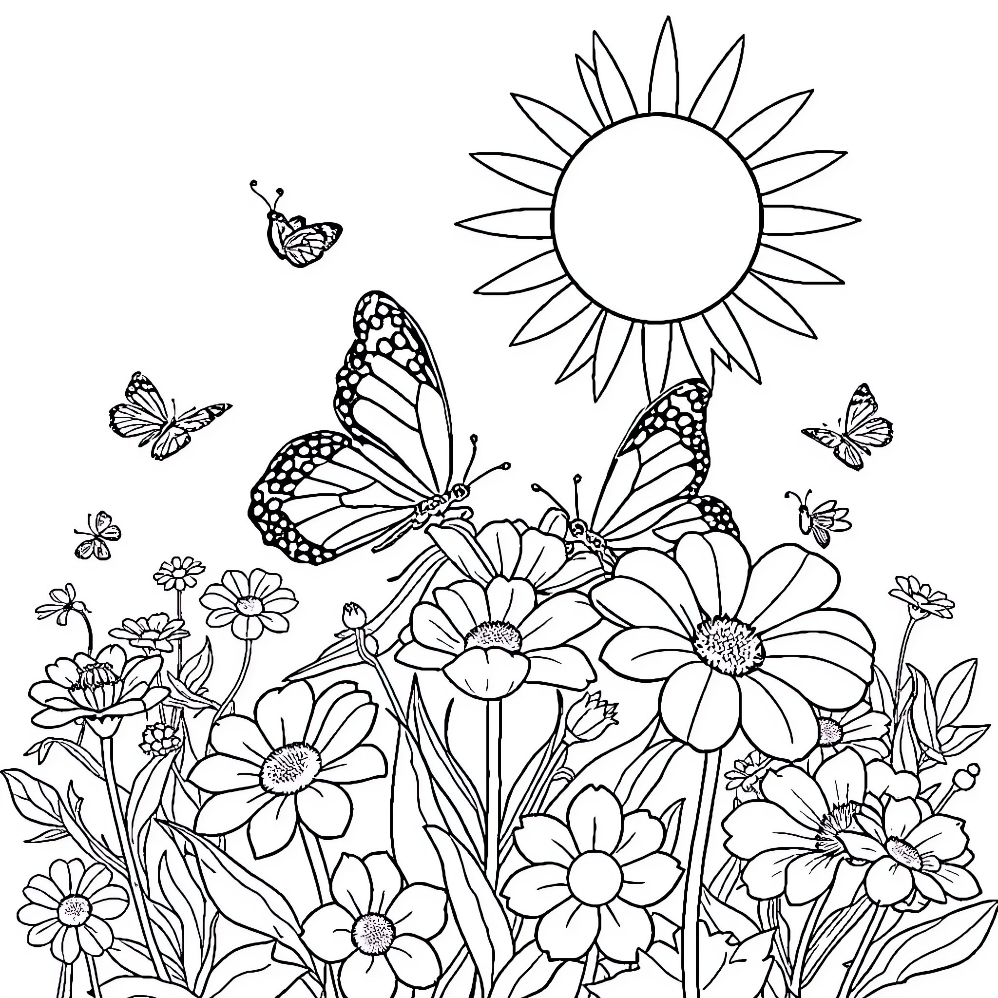 Butterfly garden filled with vibrant flowers Coloring Page (free black-and-white line drawing printable PDF for all, from beginners to advanced learners, including children, teens, adults, and seniors)