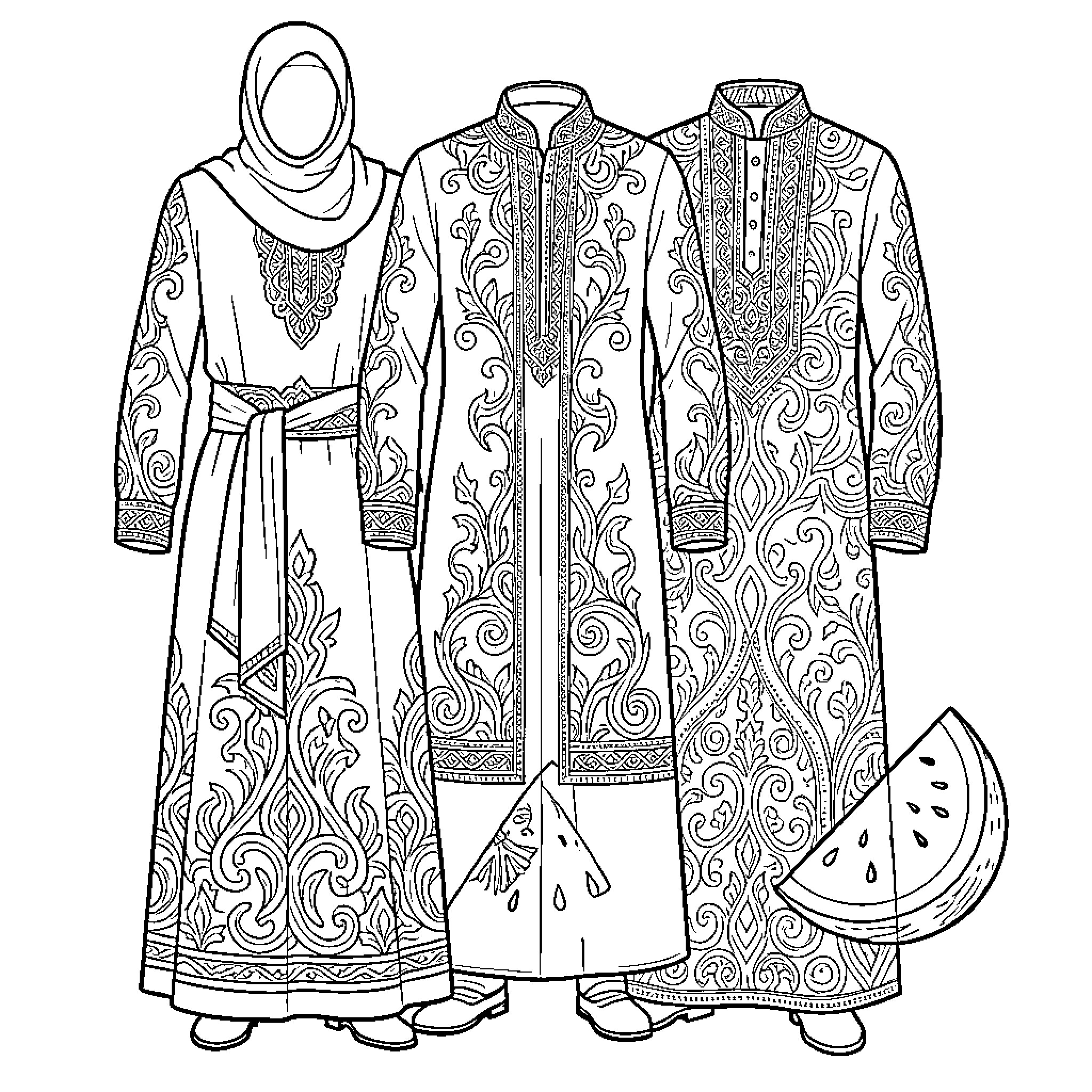 Men's Fashion: Detailed Traditional Attire and Accessories Coloring Page (free black-and-white line drawing printable PDF for all, from beginners to advanced learners, including children, teens, adults, and seniors)