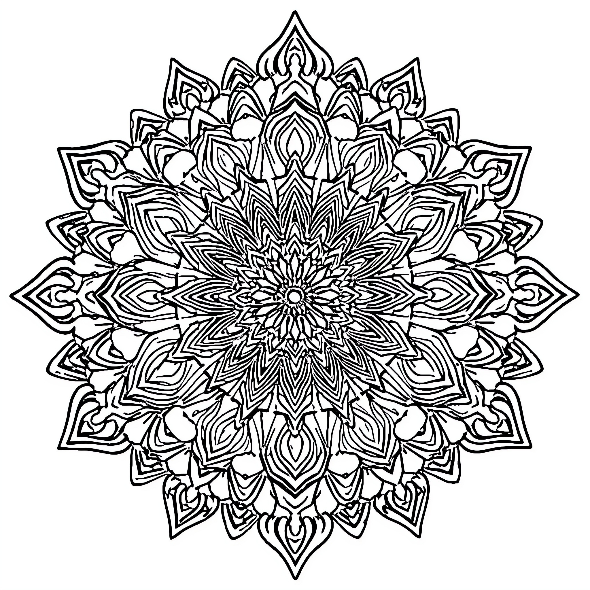 Mandala of Intricate Floral Design Coloring Page (free black-and-white line drawing printable PDF for all, from beginners to advanced learners, including children, teens, adults, and seniors)