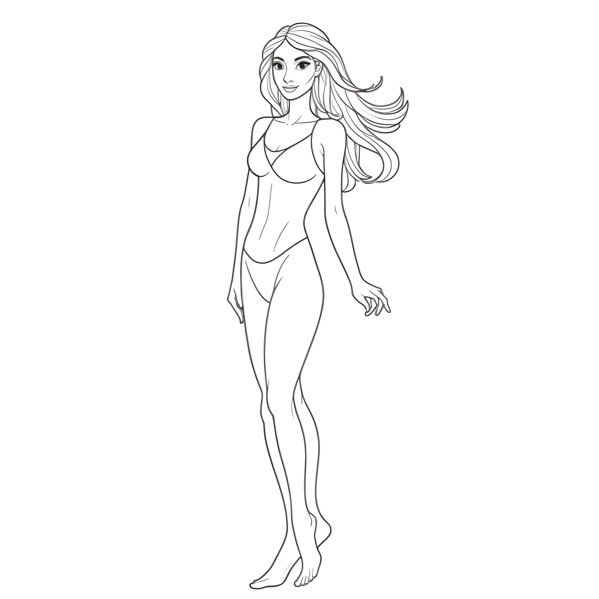 Woman in a flowing dress posing gracefully Coloring Page (free black-and-white line drawing printable PDF for all, from beginners to advanced learners, including children, teens, adults, and seniors)