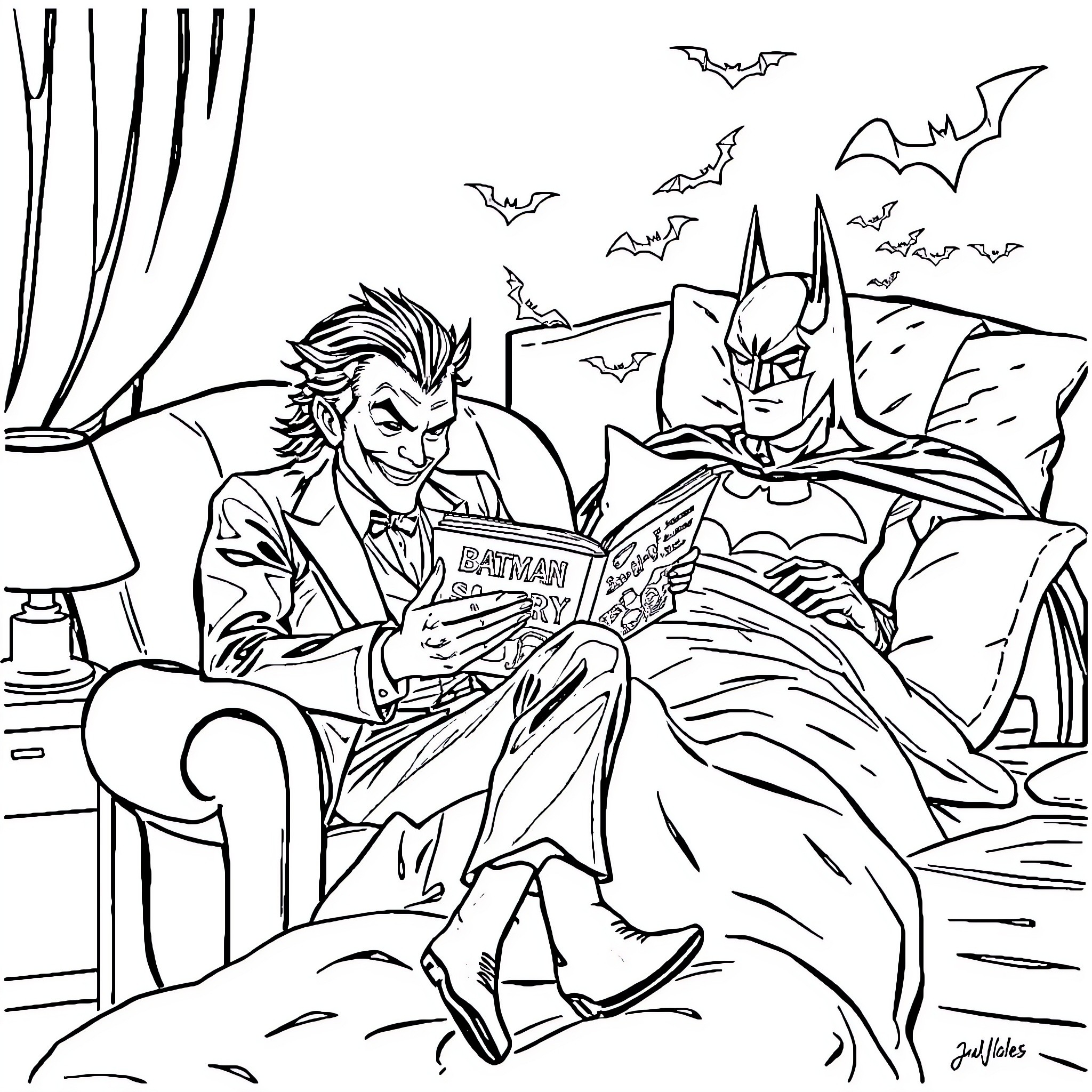 Joker and Batman read comics in the dark Coloring Page (free black-and-white line drawing printable PDF for all, from beginners to advanced learners, including children, teens, adults, and seniors)