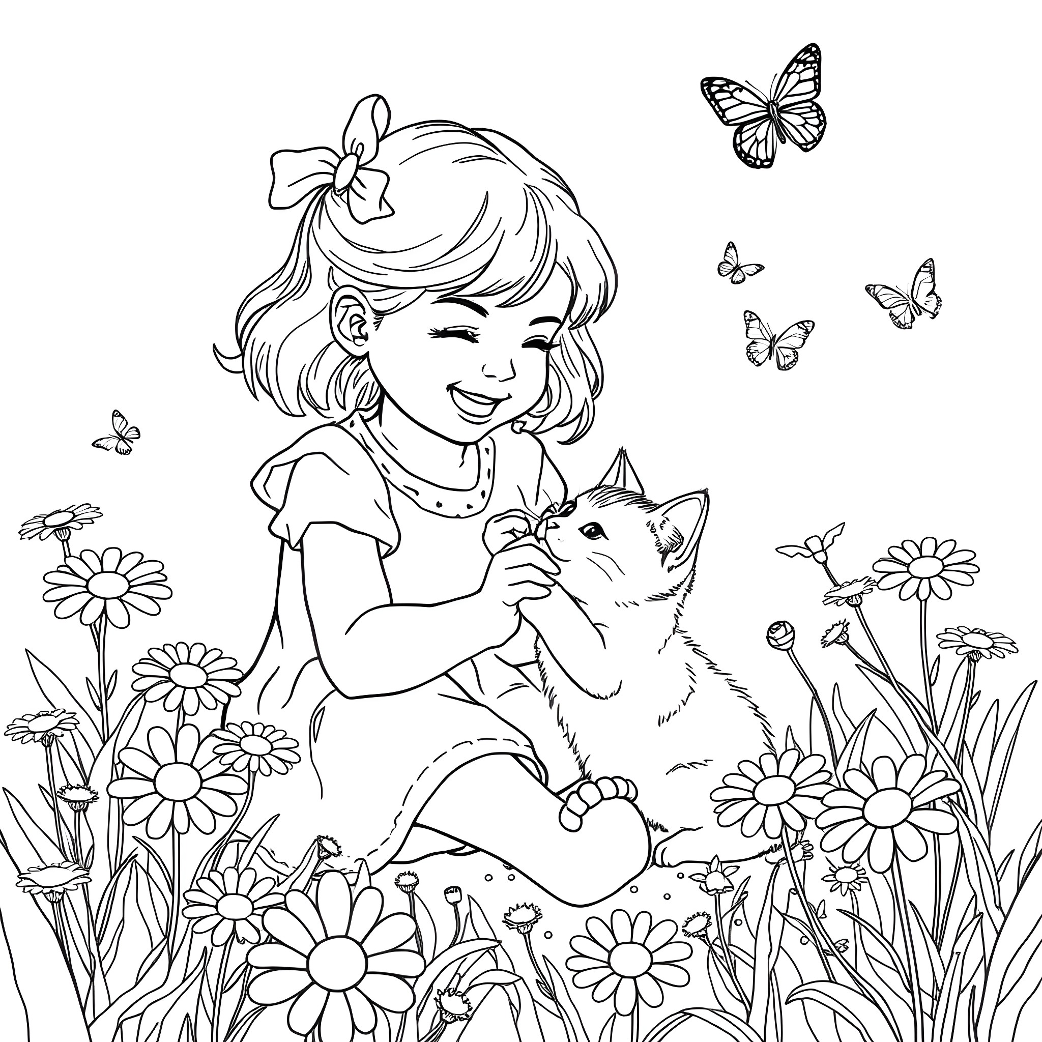 Girl playing with puppy in the garden Coloring Page (free black-and-white line drawing printable PDF for all, from beginners to advanced learners, including children, teens, adults, and seniors)