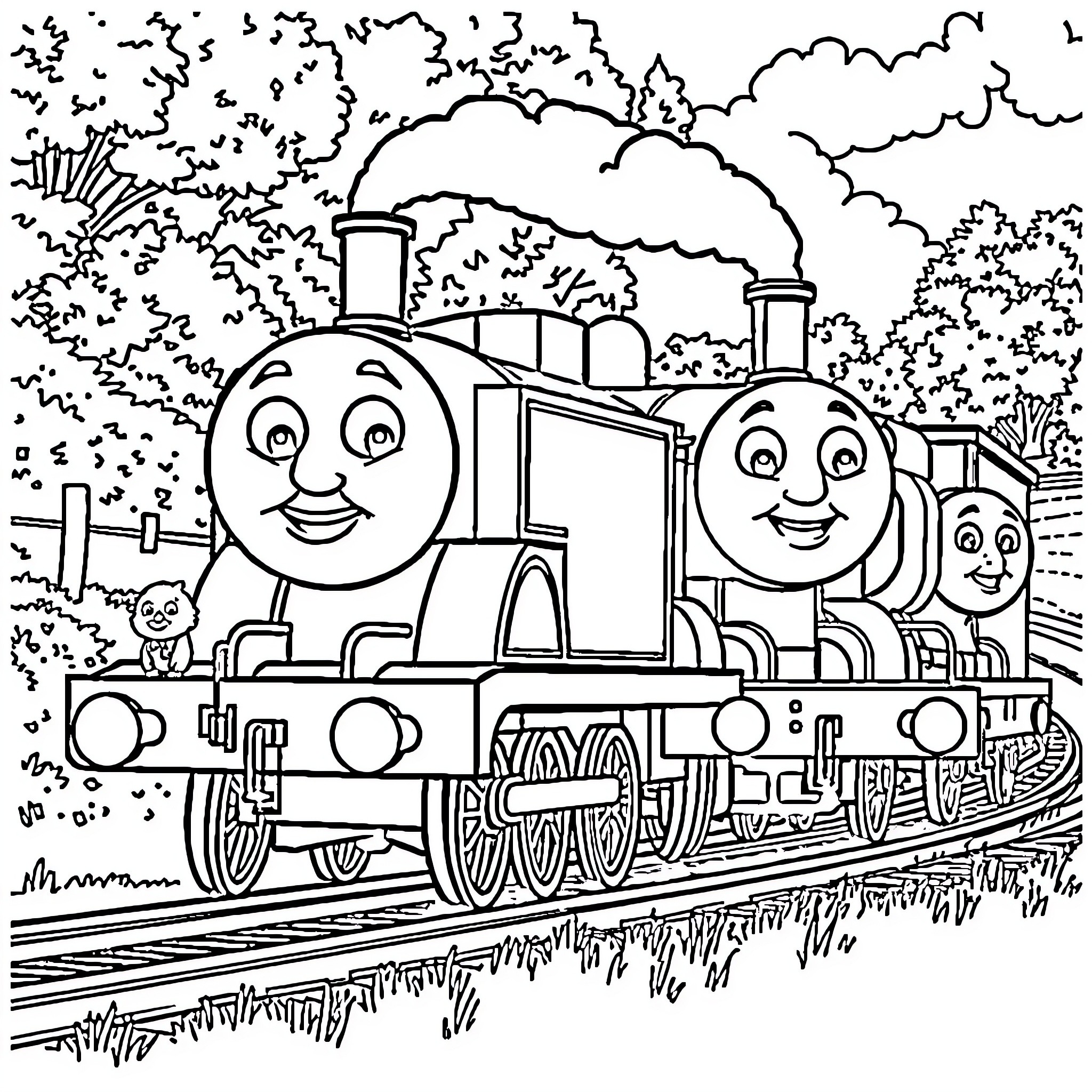 Thomas the Tank Engine and Friends on the Railway Track Coloring Page (free black-and-white line drawing printable PDF for all, from beginners to advanced learners, including children, teens, adults, and seniors)