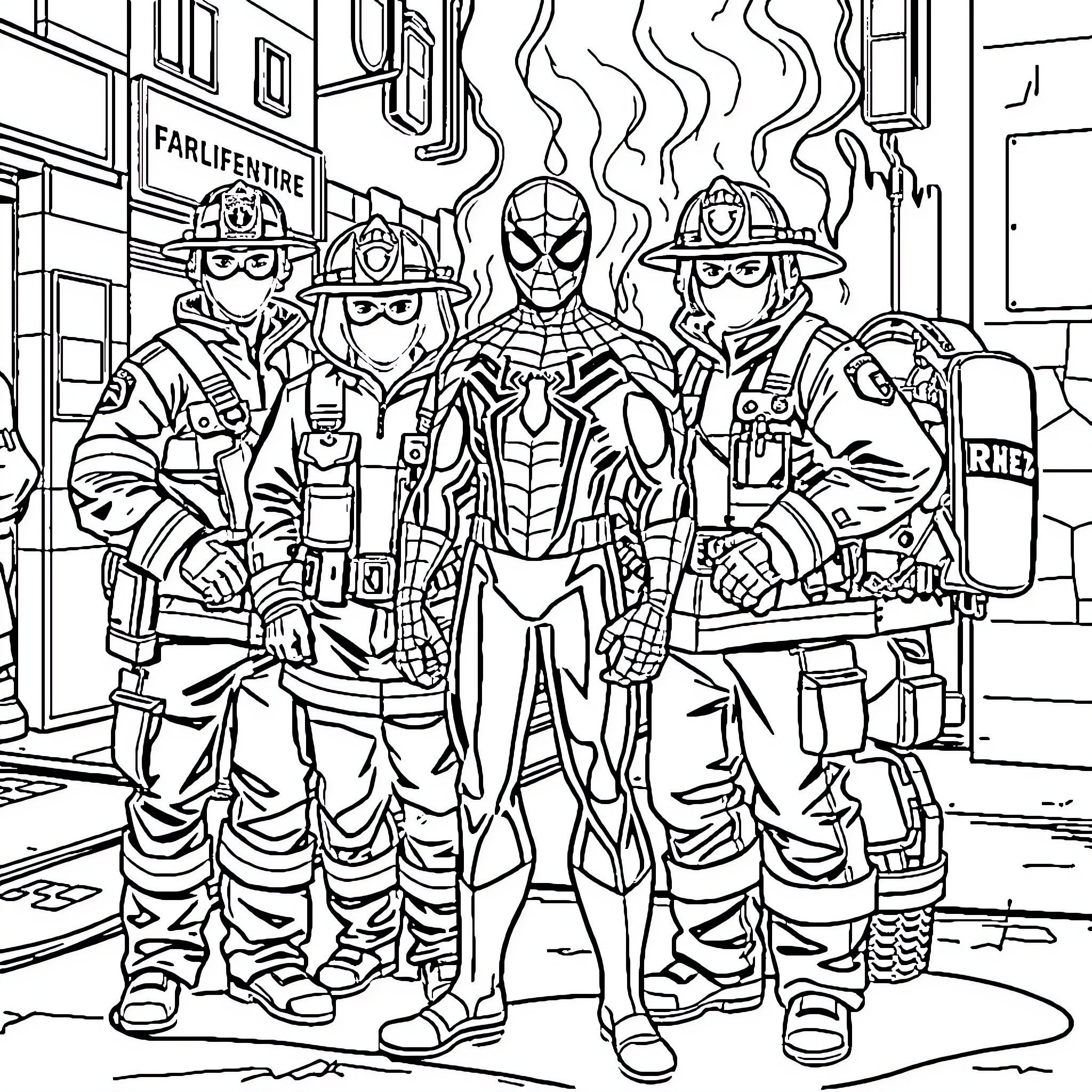 Spider-Man and Firefighters in Action Scene Coloring Page (free black-and-white line drawing printable PDF for all, from beginners to advanced learners, including children, teens, adults, and seniors)