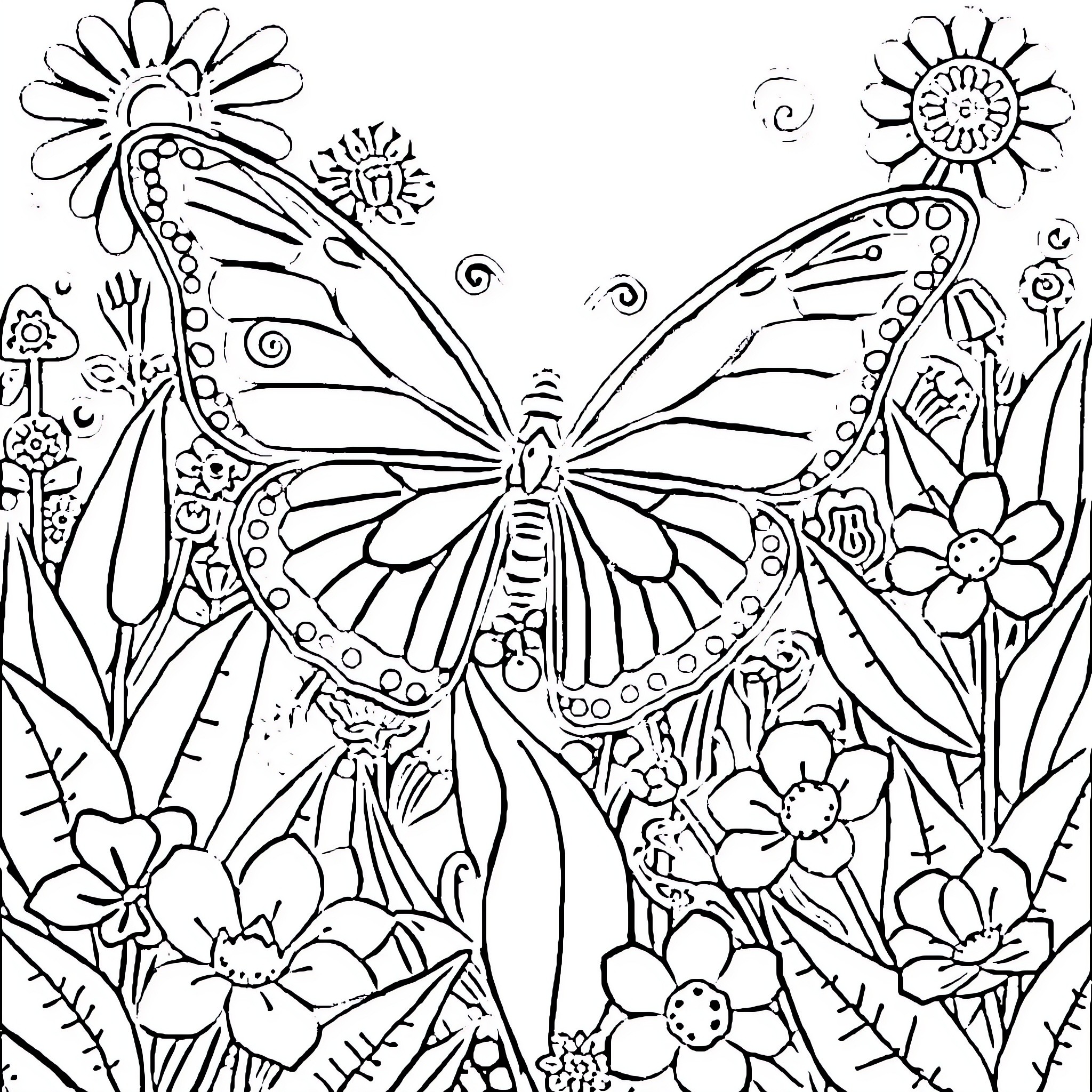 Butterfly amid whimsical floral garden Coloring Page (free black-and-white line drawing printable PDF for all, from beginners to advanced learners, including children, teens, adults, and seniors)