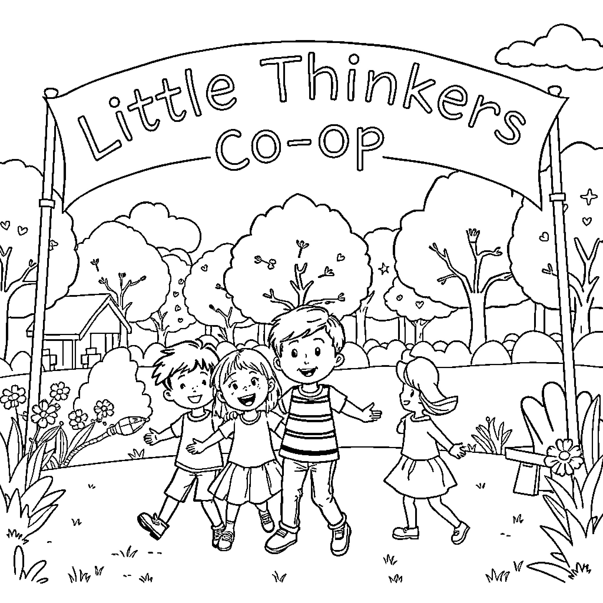 Kid playing happily at Little Thinkers Co-op Coloring Page (free black-and-white line drawing printable PDF for all, from beginners to advanced learners, including children, teens, adults, and seniors)