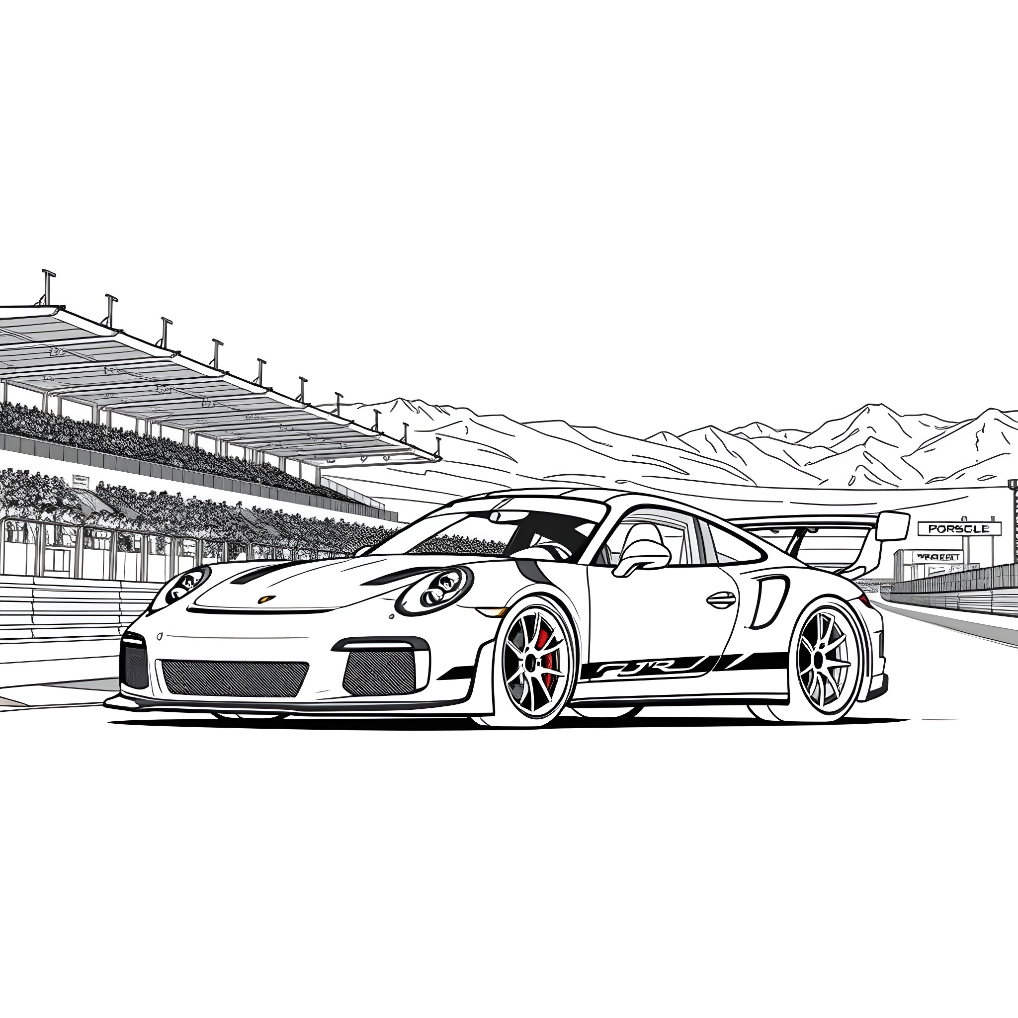 Porsche supercar racing on the track Coloring Page (free black-and-white line drawing printable PDF for all, from beginners to advanced learners, including children, teens, adults, and seniors)