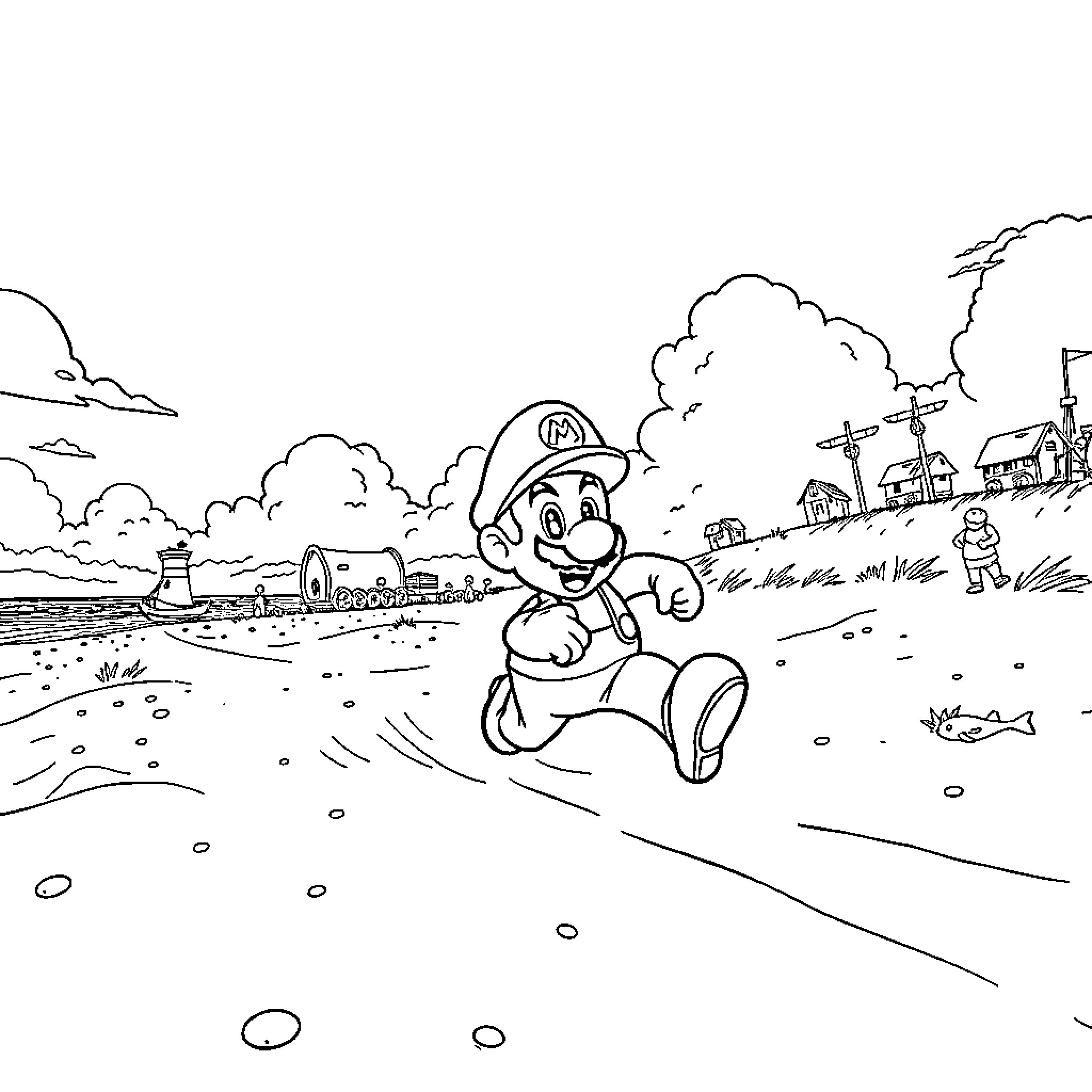 Super Mario Exploring the Whimsical Mushroom Kingdom Coloring Page (free black-and-white line drawing printable PDF for all, from beginners to advanced learners, including children, teens, adults, and seniors)