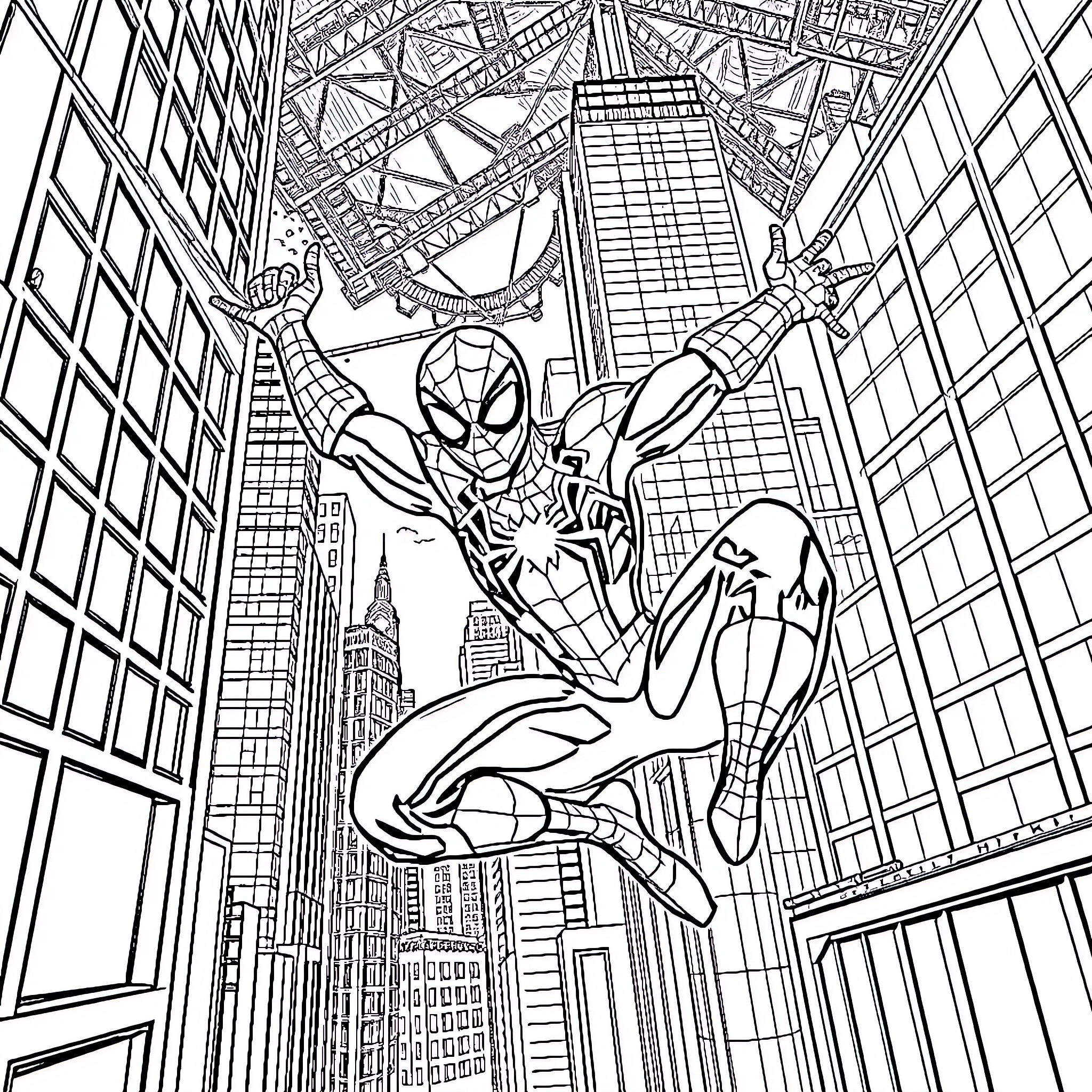 Spiderman swinging through the city skyline Coloring Page (free black-and-white line drawing printable PDF for all, from beginners to advanced learners, including children, teens, adults, and seniors)