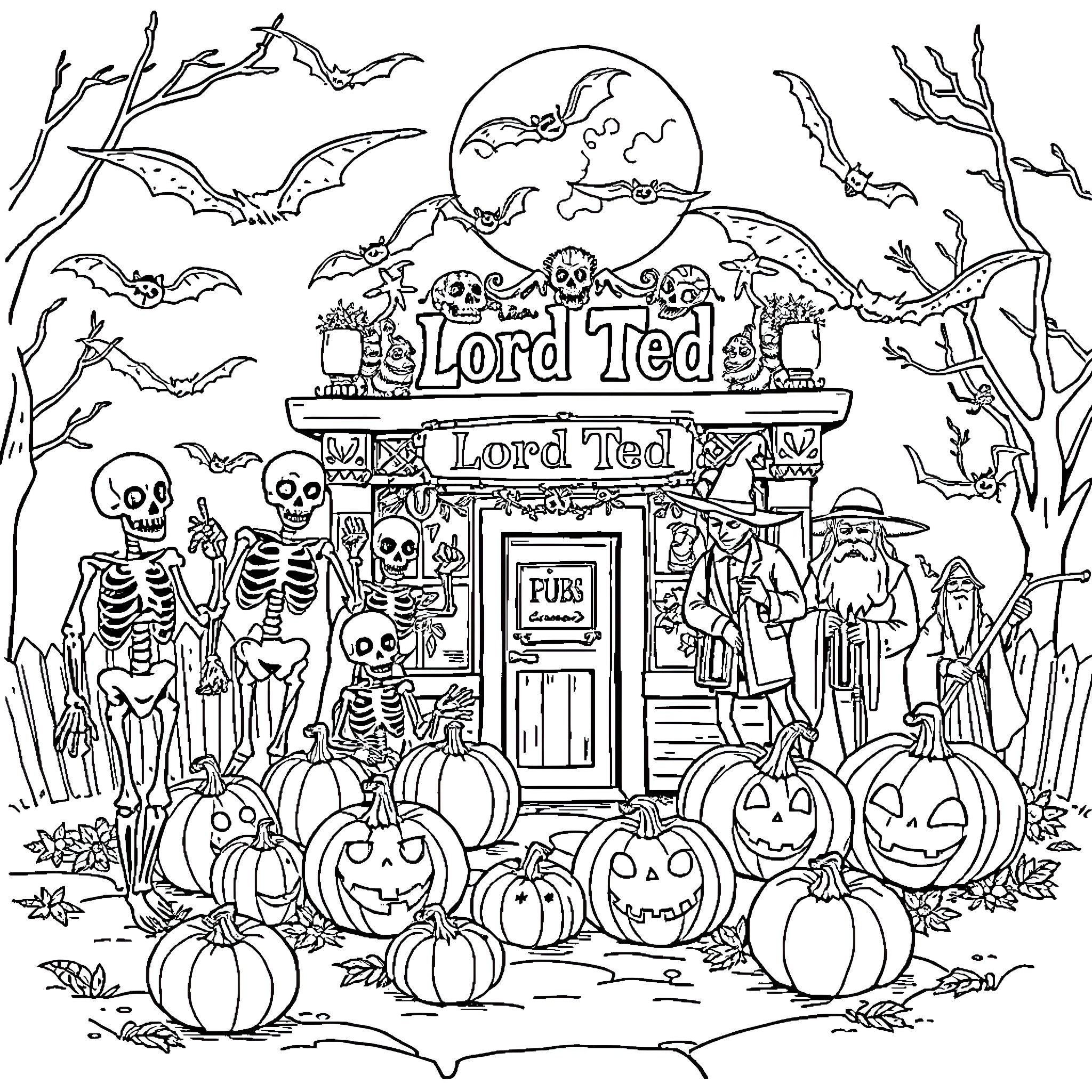 Halloween at the Lord Ted Pub with Skeletons and Jack-o'-Lanterns Coloring Page (free black-and-white line drawing printable PDF for all, from beginners to advanced learners, including children, teens, adults, and seniors)