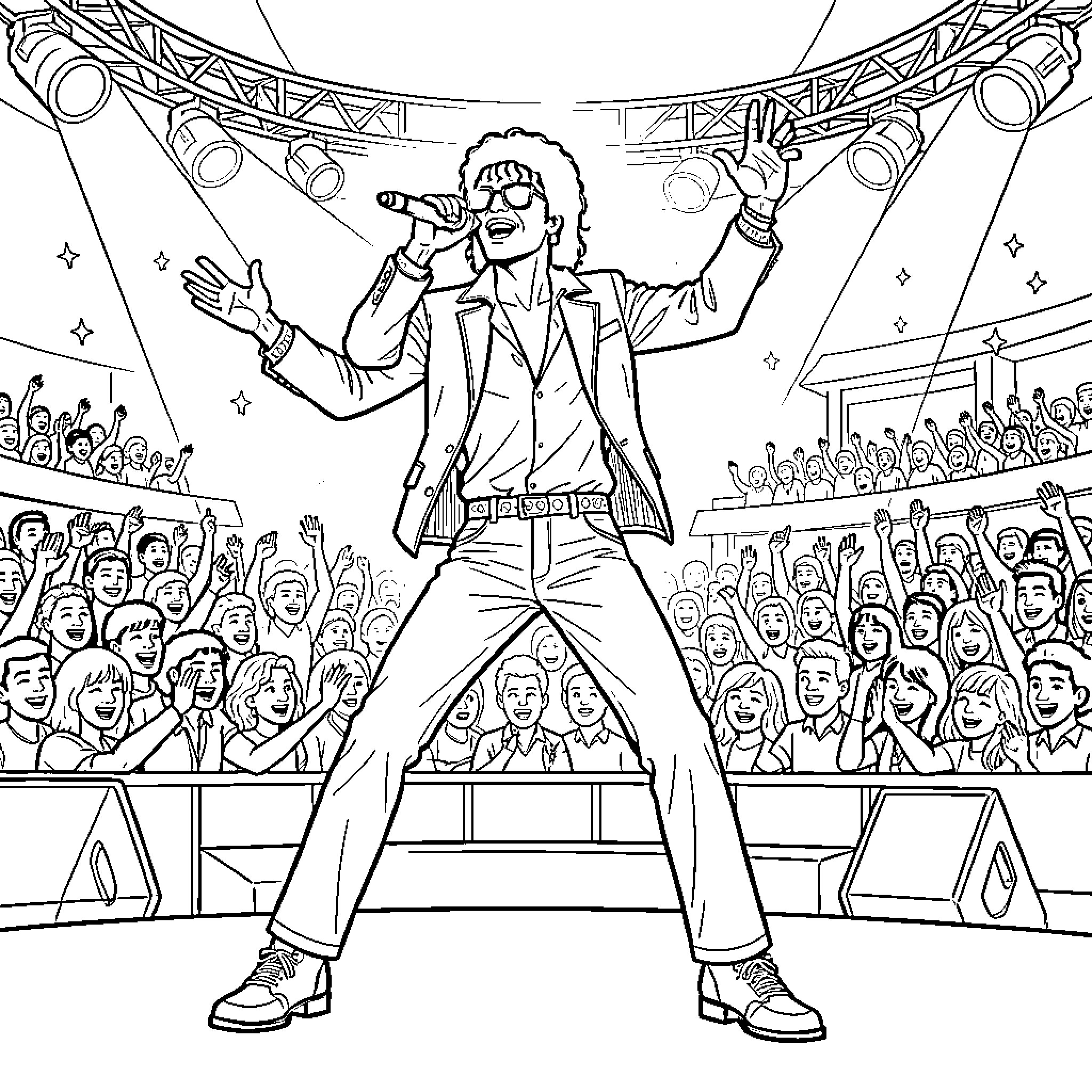 Michael Jackson performing energetically on stage for a crowd Coloring Page (free black-and-white line drawing printable PDF for all, from beginners to advanced learners, including children, teens, adults, and seniors)
