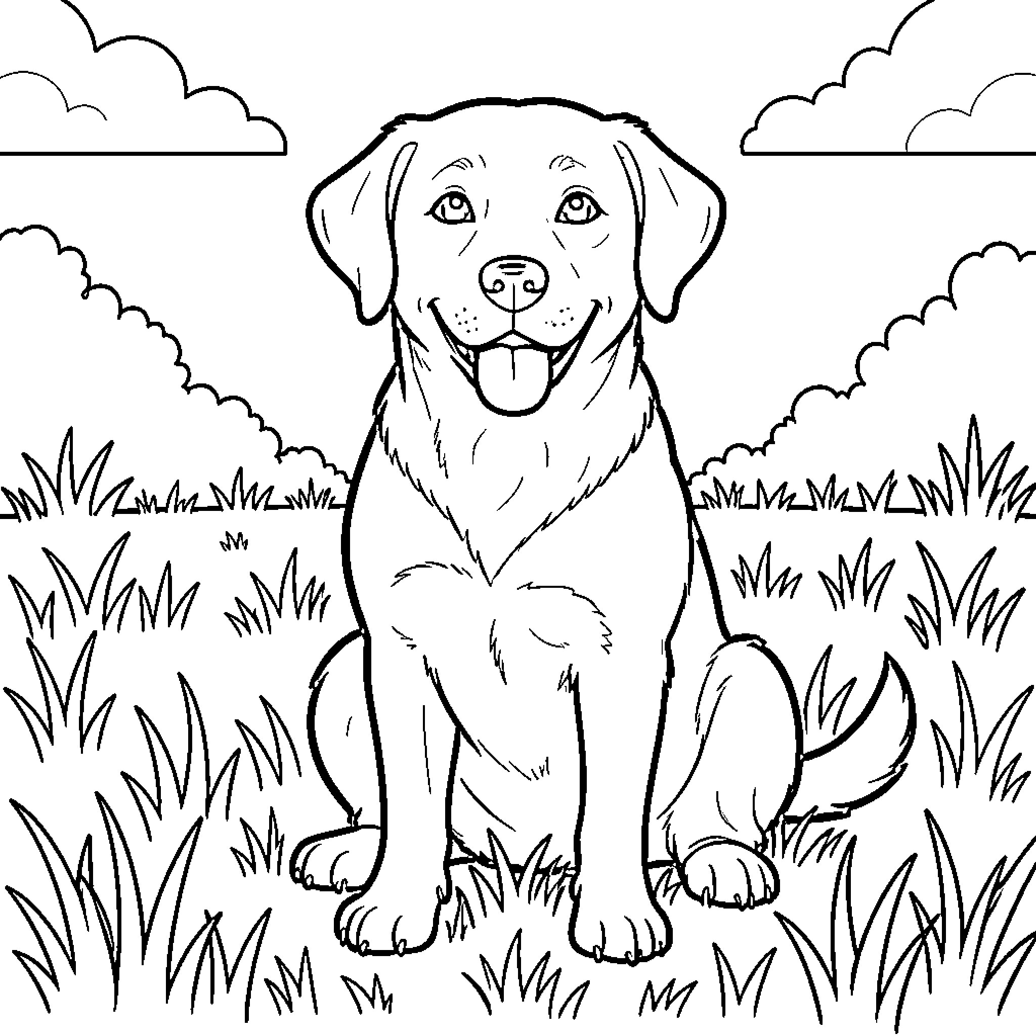 Dog sitting happily in a grassy field Coloring Page (free black-and-white line drawing printable PDF for all, from beginners to advanced learners, including children, teens, adults, and seniors)