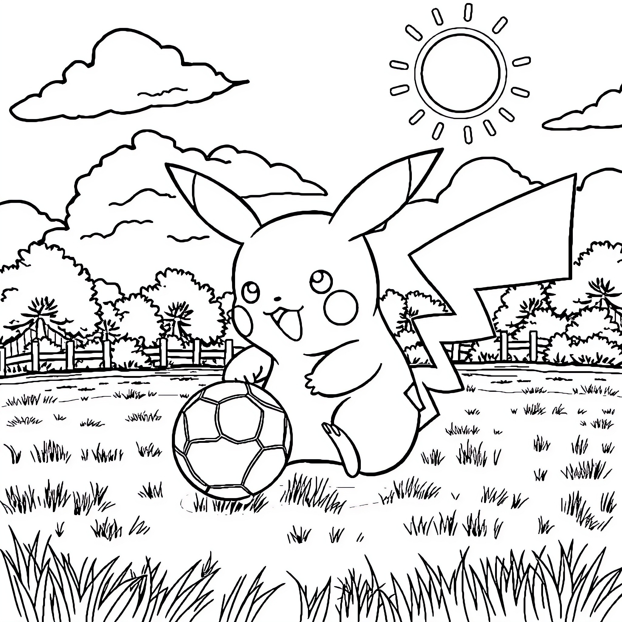 Pikachu playing with a soccer ball in a scenic outdoor setting Coloring Page (free black-and-white line drawing printable PDF for all, from beginners to advanced learners, including children, teens, adults, and seniors)