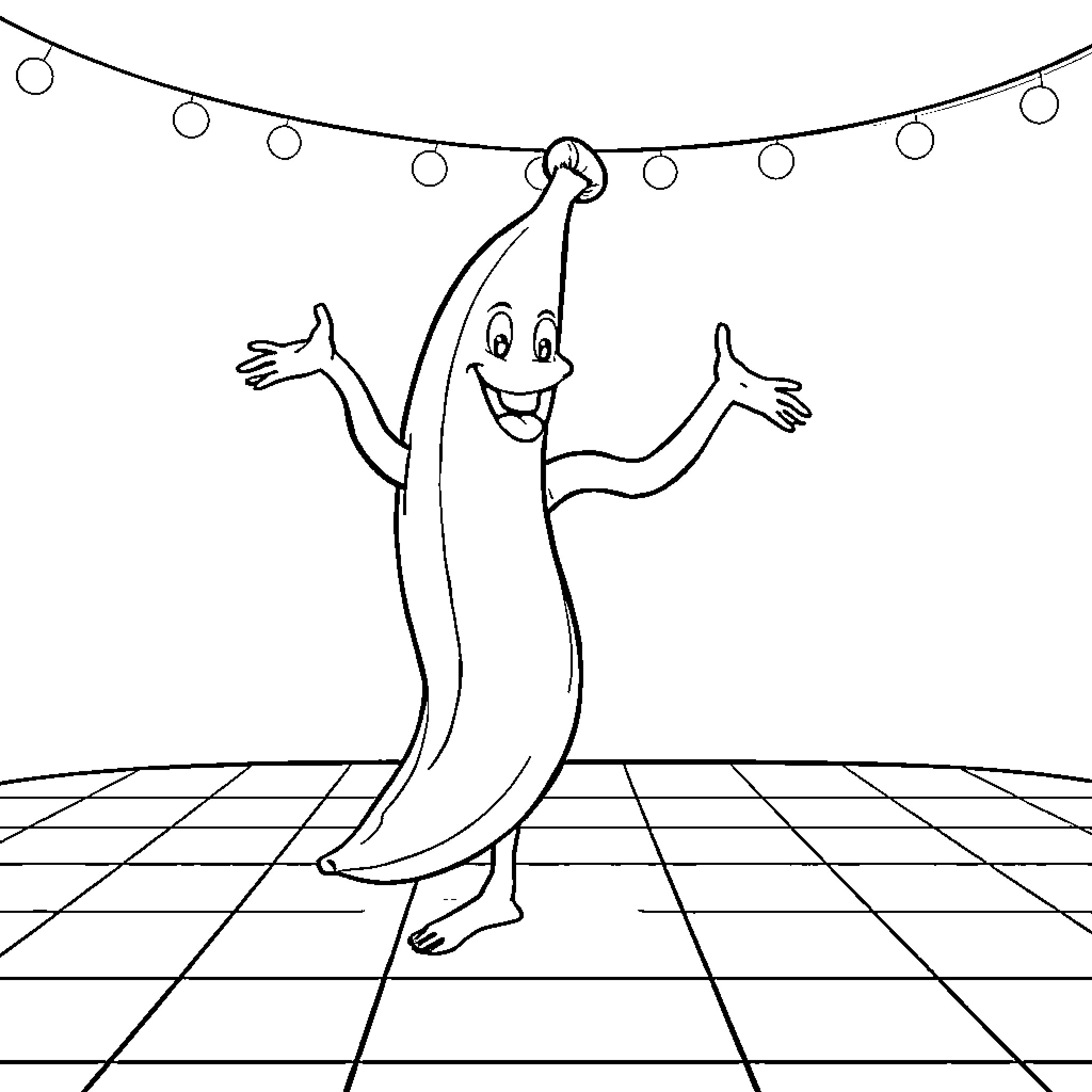 Banana dancing happily under string lights Coloring Page (free black-and-white line drawing printable PDF for all, from beginners to advanced learners, including children, teens, adults, and seniors)