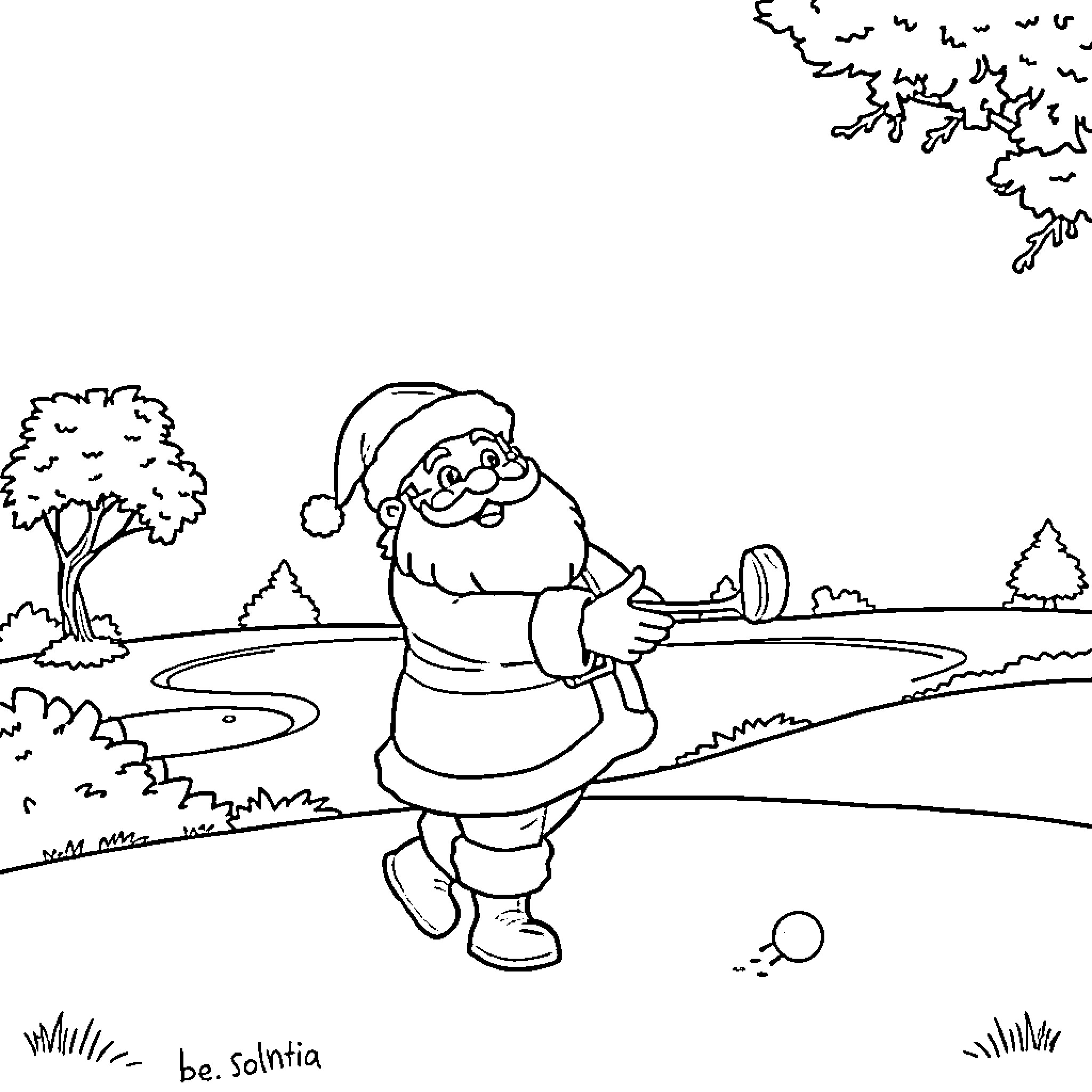 Santa playing with a ball in the park Coloring Page (free black-and-white line drawing printable PDF for all, from beginners to advanced learners, including children, teens, adults, and seniors)