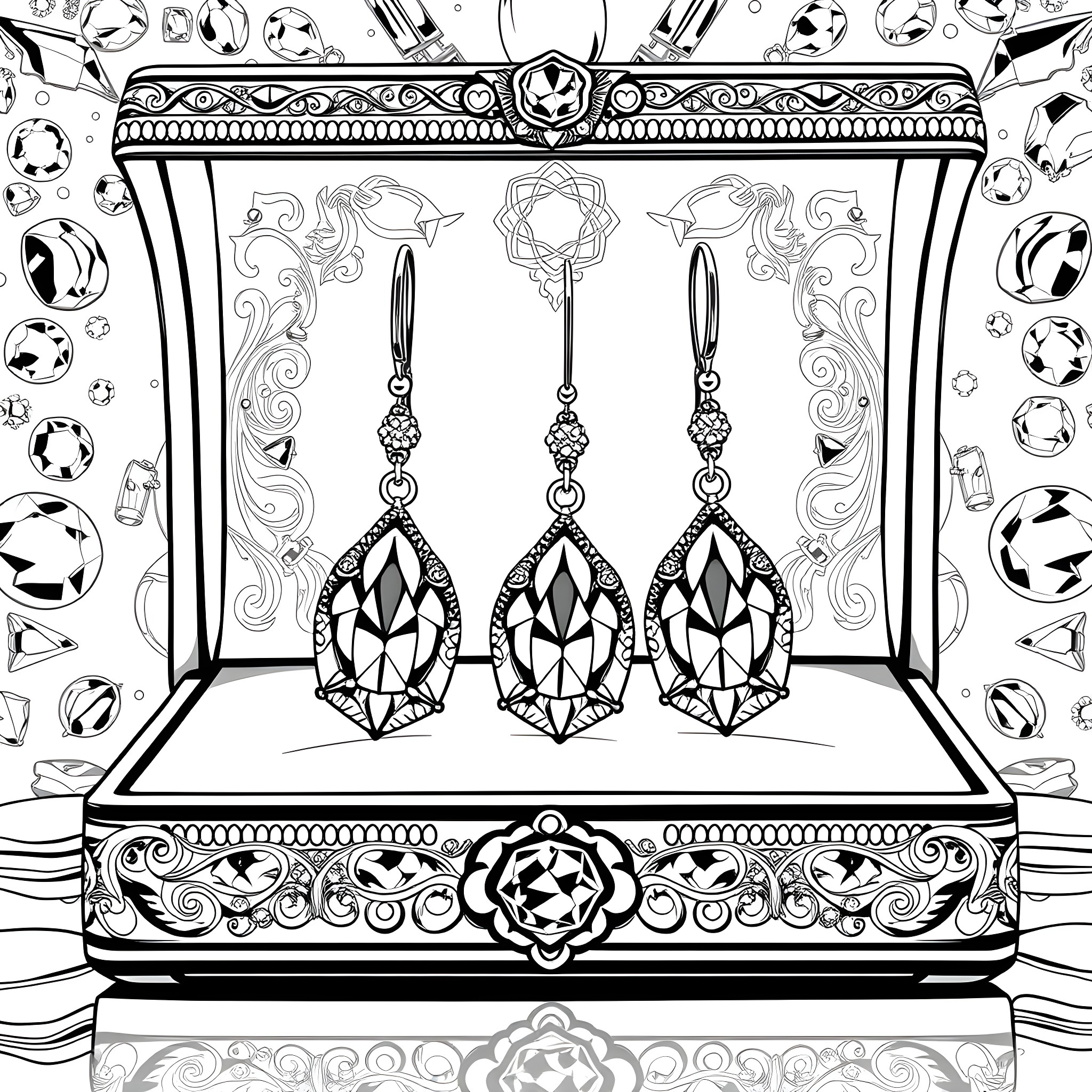Gemstone Jewelry Display in an Ornate Frame Coloring Page (free black-and-white line drawing printable PDF for all, from beginners to advanced learners, including children, teens, adults, and seniors)