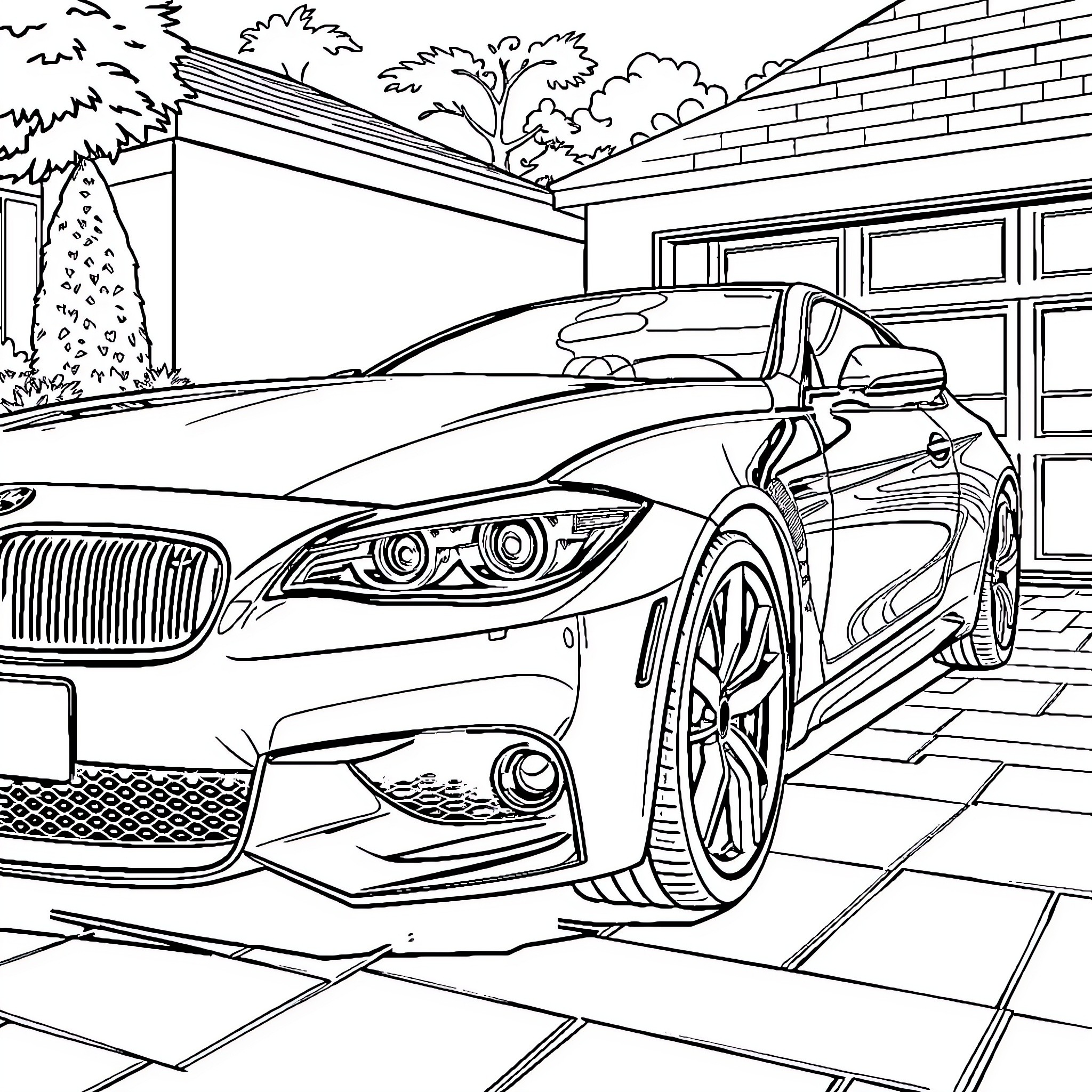 Car parked in front of a building Coloring Page (free black-and-white line drawing printable PDF for all, from beginners to advanced learners, including children, teens, adults, and seniors)