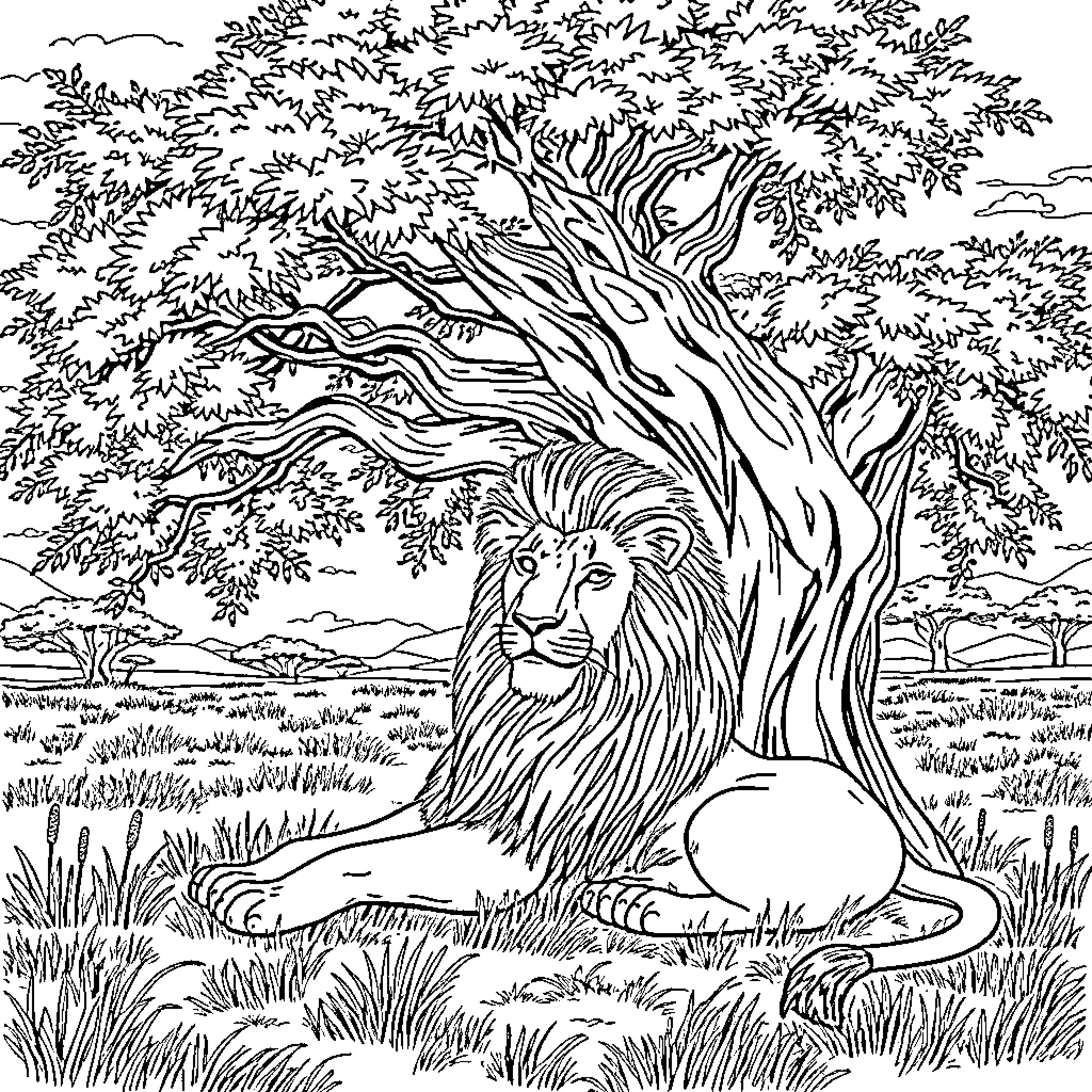 Lion resting under the majestic tree Coloring Page (free black-and-white line drawing printable PDF for all, from beginners to advanced learners, including children, teens, adults, and seniors)