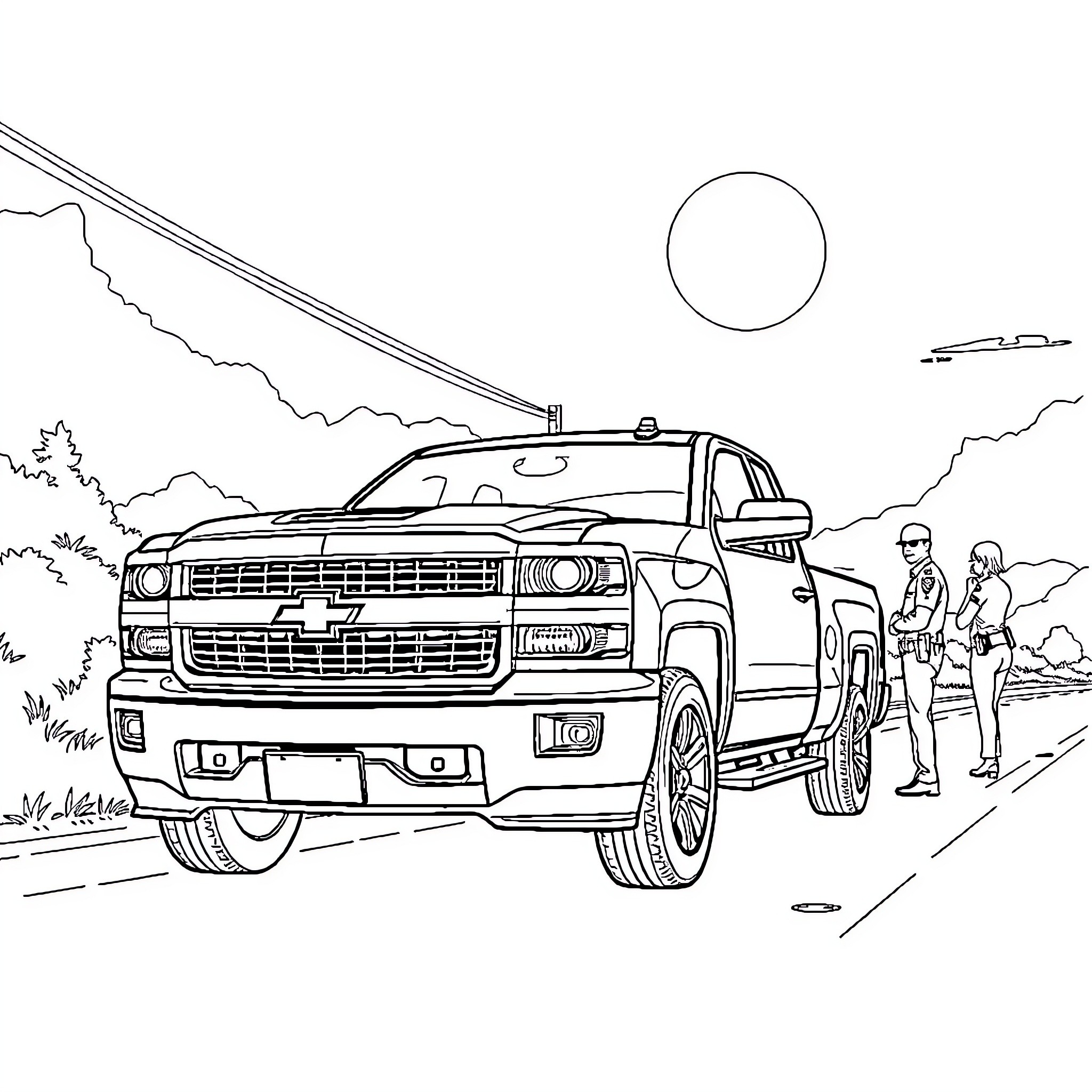 Chevrolet Silverado pickup truck on rural road Coloring Page (free black-and-white line drawing printable PDF for all, from beginners to advanced learners, including children, teens, adults, and seniors)