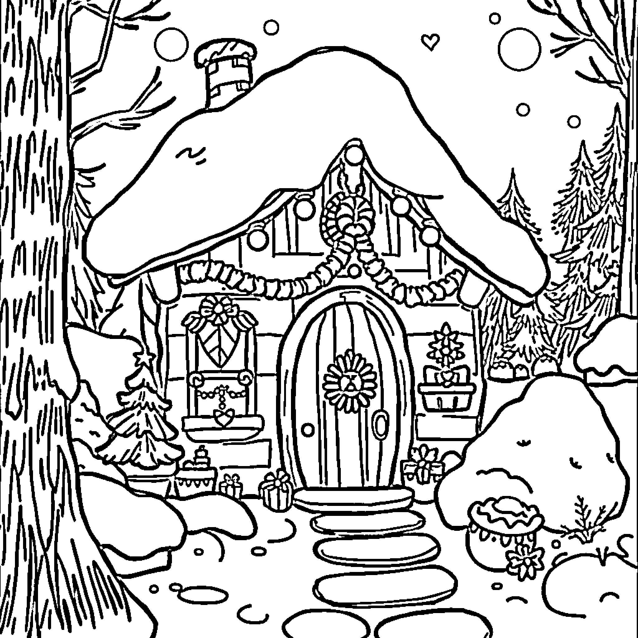 Gnome's Enchanted Cottage in the Snowy Forest Coloring Page (free black-and-white line drawing printable PDF for all, from beginners to advanced learners, including children, teens, adults, and seniors)