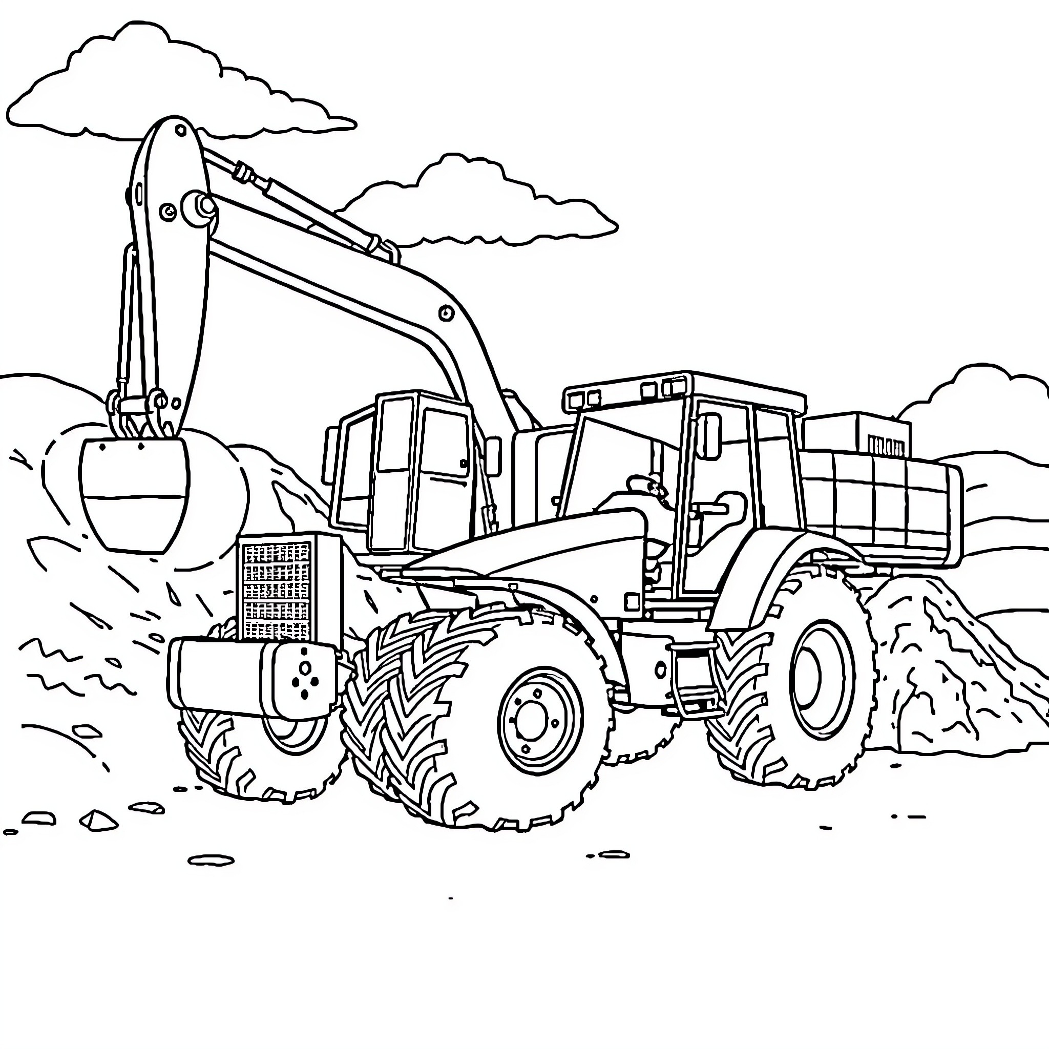 Tractor working on construction site Coloring Page (free black-and-white line drawing printable PDF for all, from beginners to advanced learners, including children, teens, adults, and seniors)