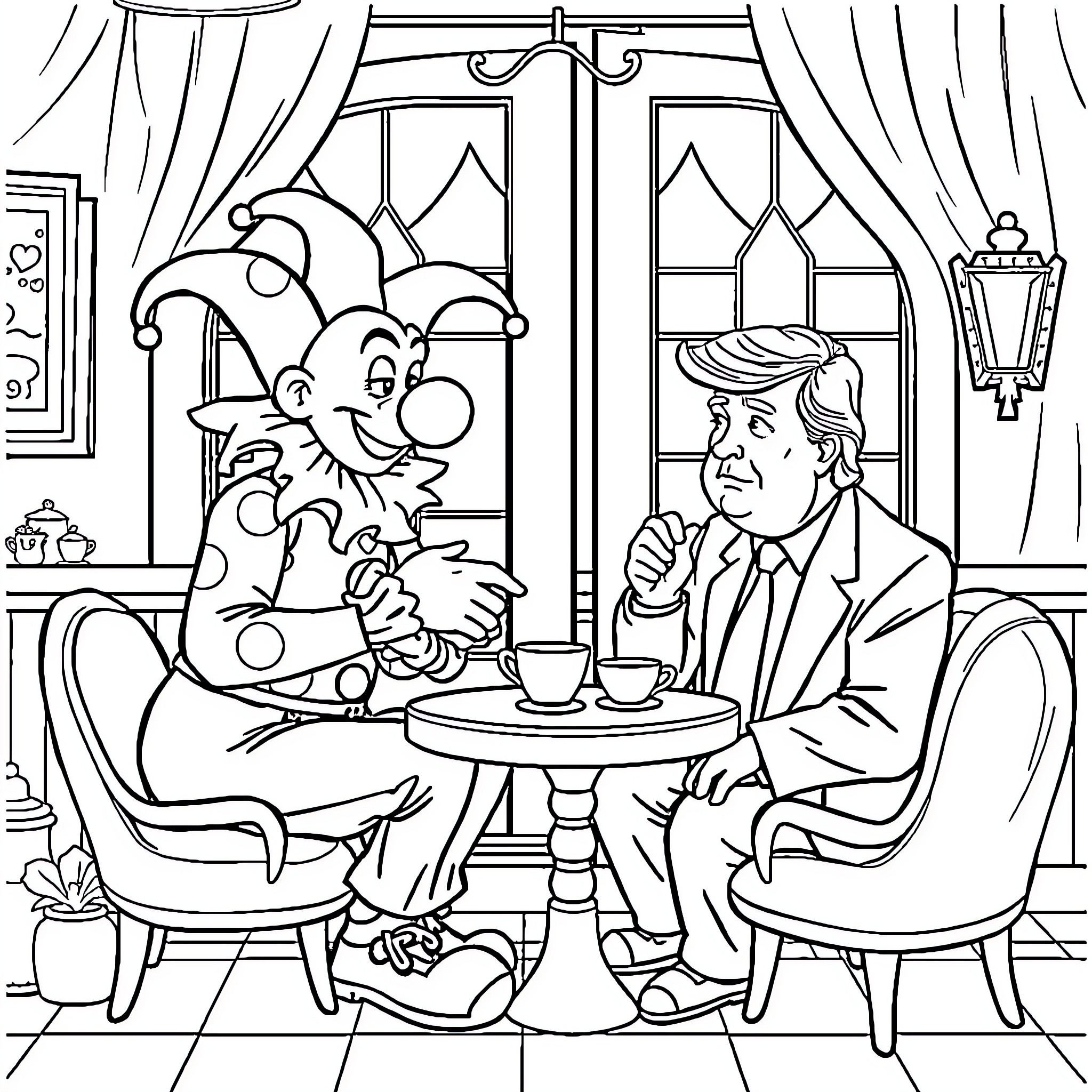 Clown entertaining a man in a cozy café Coloring Page (free black-and-white line drawing printable PDF for all, from beginners to advanced learners, including children, teens, adults, and seniors)