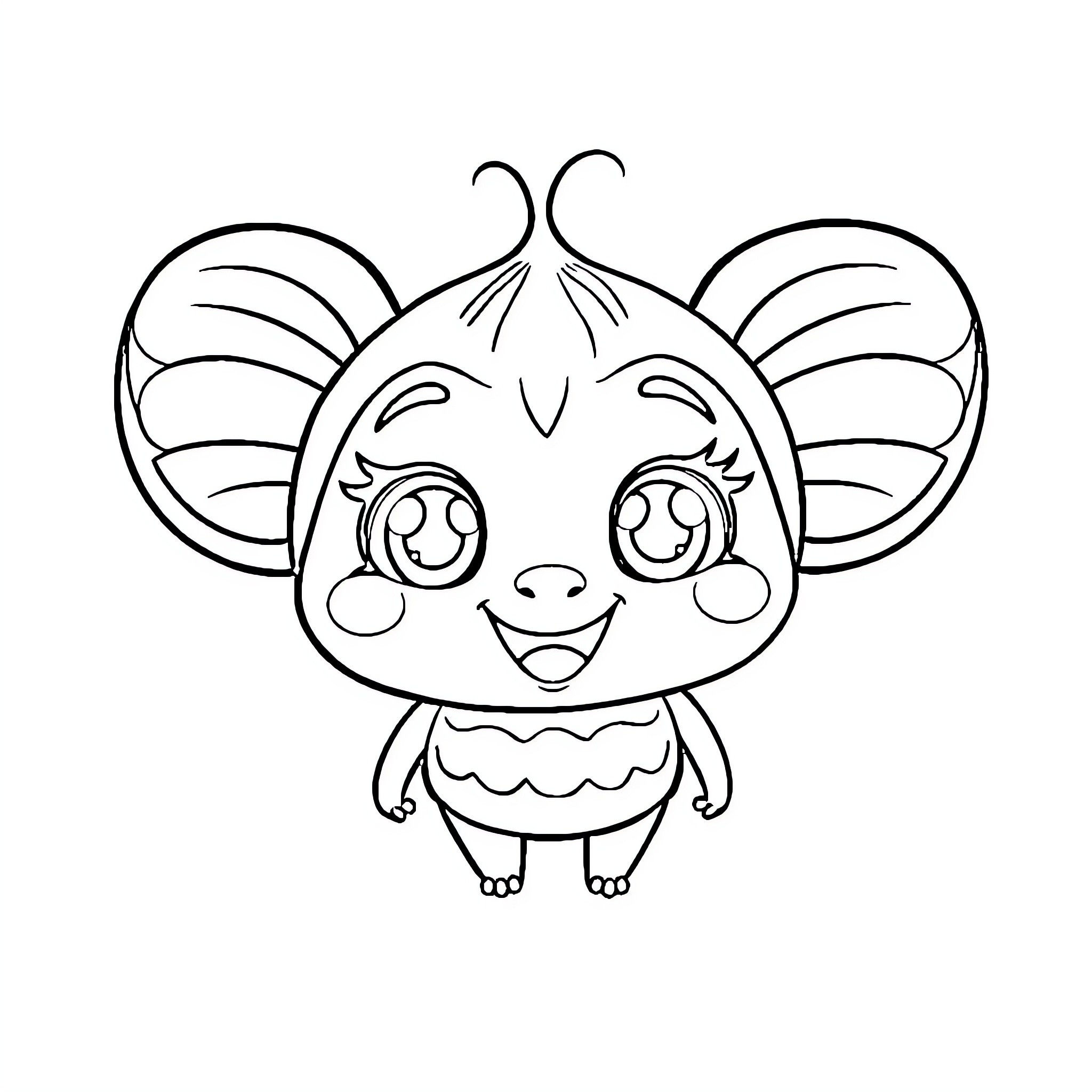 Labubu the Happy Butterfly Creature Coloring Page (free black-and-white line drawing printable PDF for all, from beginners to advanced learners, including children, teens, adults, and seniors)