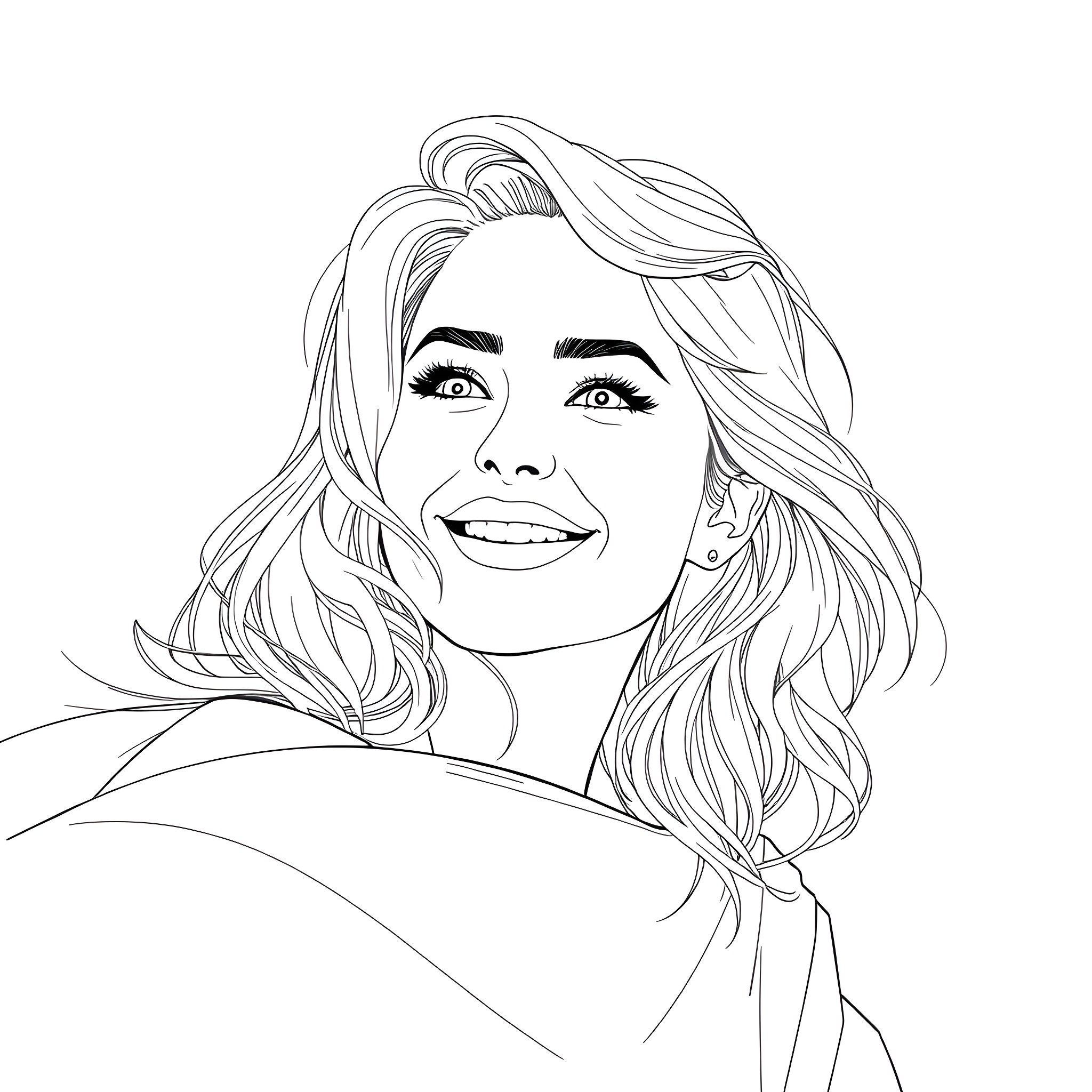 Kate Upton posing with a warm smile Coloring Page (free black-and-white line drawing printable PDF for all, from beginners to advanced learners, including children, teens, adults, and seniors)