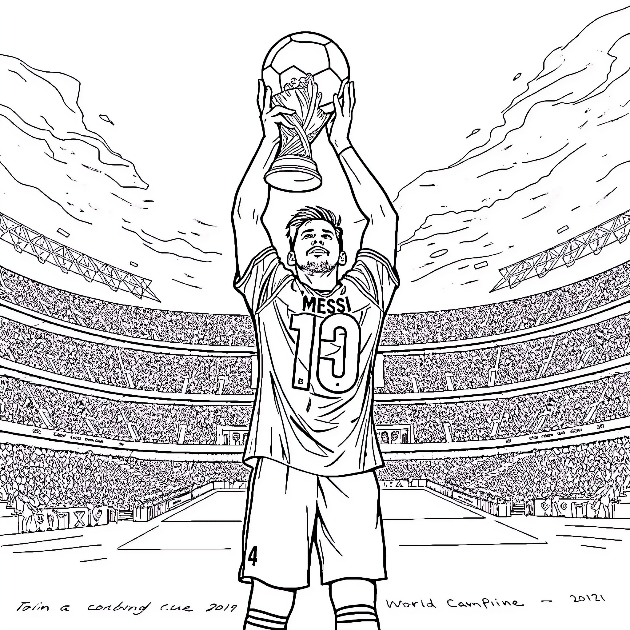 Messi celebrates World Cup victory Coloring Page (free black-and-white line drawing printable PDF for all, from beginners to advanced learners, including children, teens, adults, and seniors)