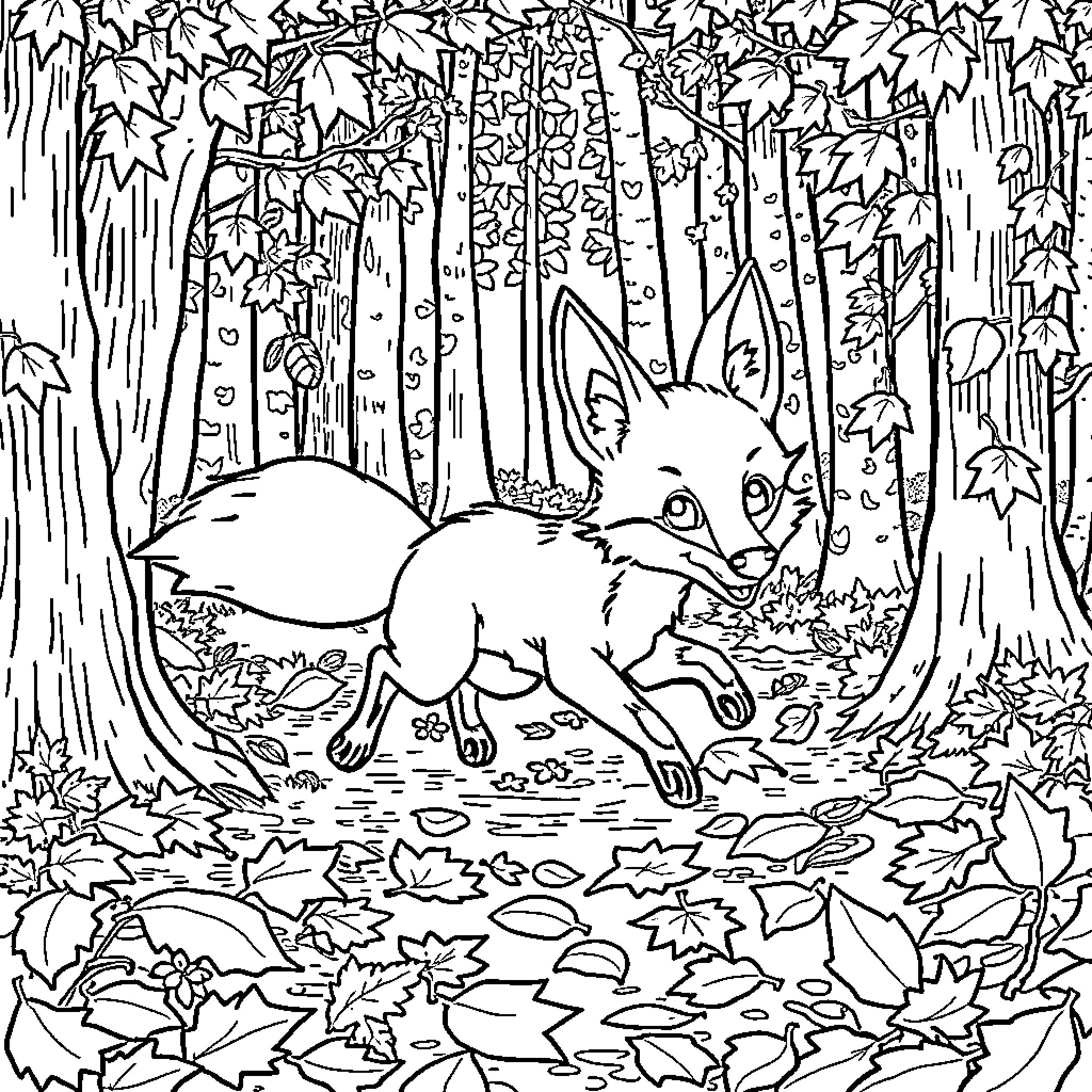Fox Exploring the Enchanted Forest Coloring Page (free black-and-white line drawing printable PDF for all, from beginners to advanced learners, including children, teens, adults, and seniors)