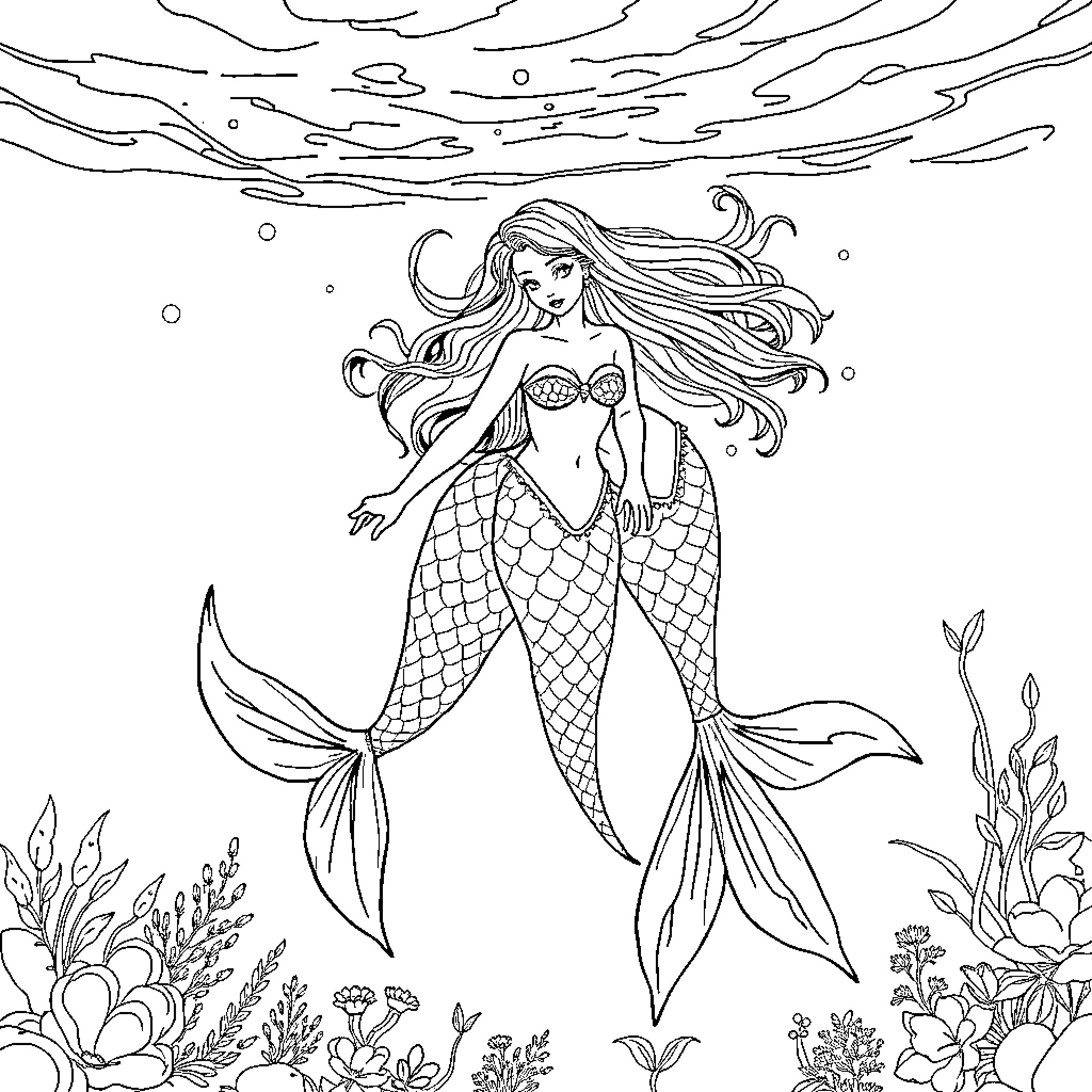 Mermaid swimming gracefully in the underwater scene Coloring Page (free black-and-white line drawing printable PDF for all, from beginners to advanced learners, including children, teens, adults, and seniors)