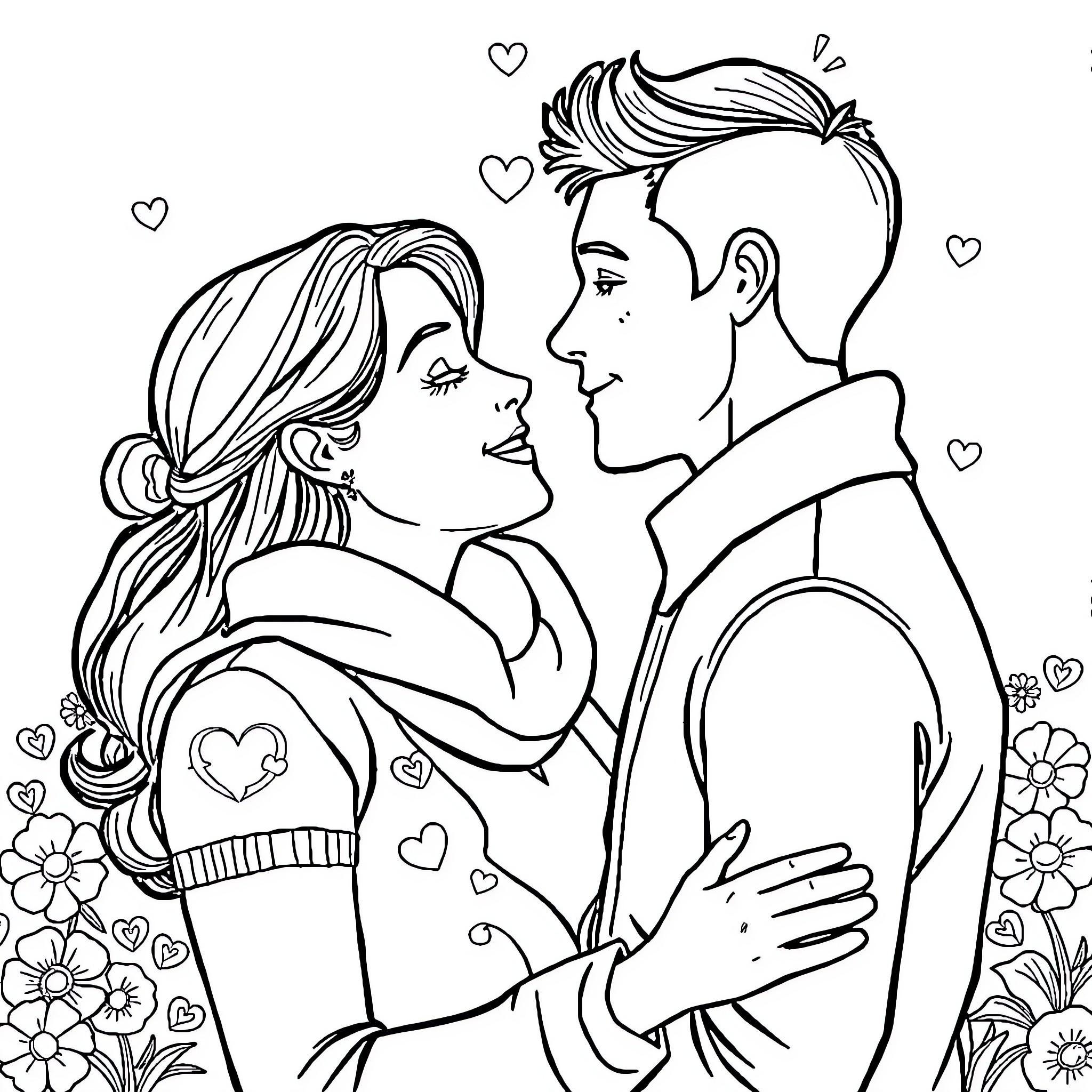 Love between romantic couple in intimate embrace Coloring Page (free black-and-white line drawing printable PDF for all, from beginners to advanced learners, including children, teens, adults, and seniors)