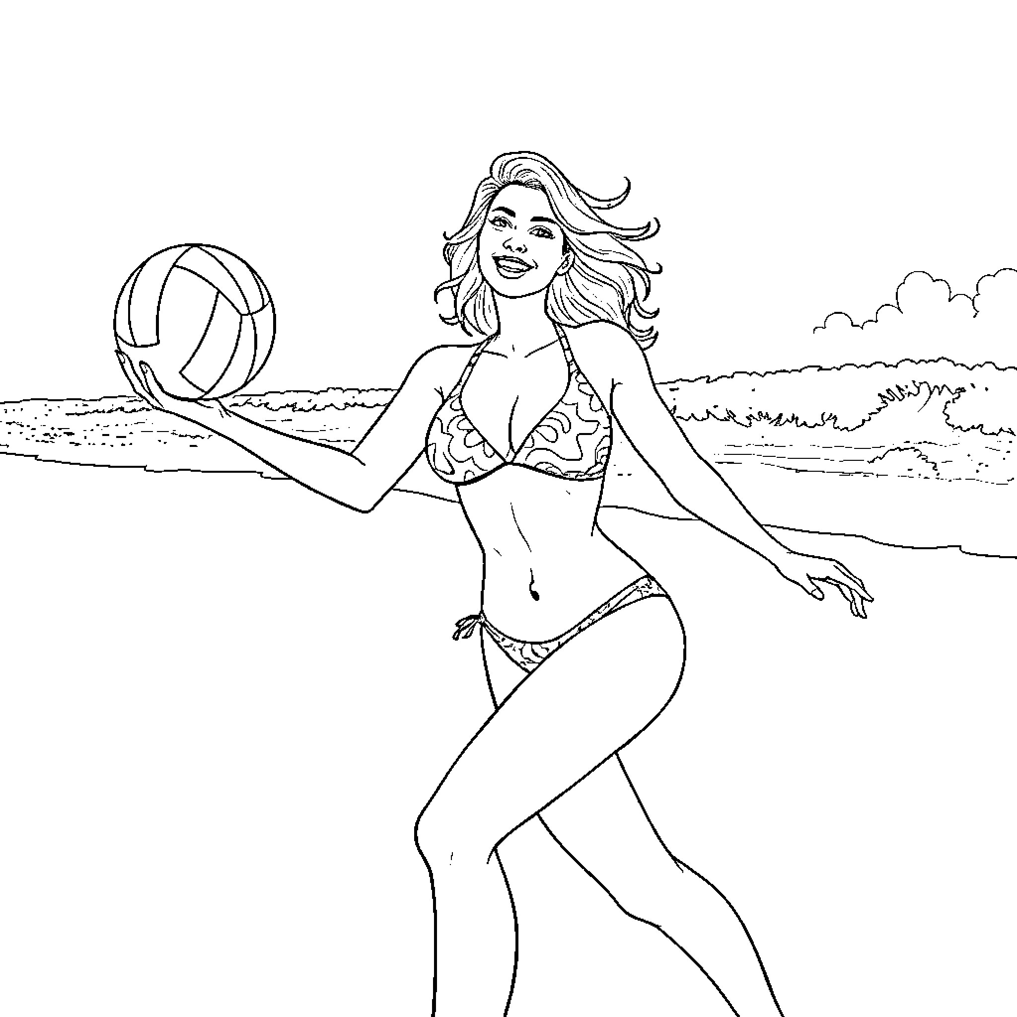 Woman playing volleyball on the beach Coloring Page (free black-and-white line drawing printable PDF for all, from beginners to advanced learners, including children, teens, adults, and seniors)