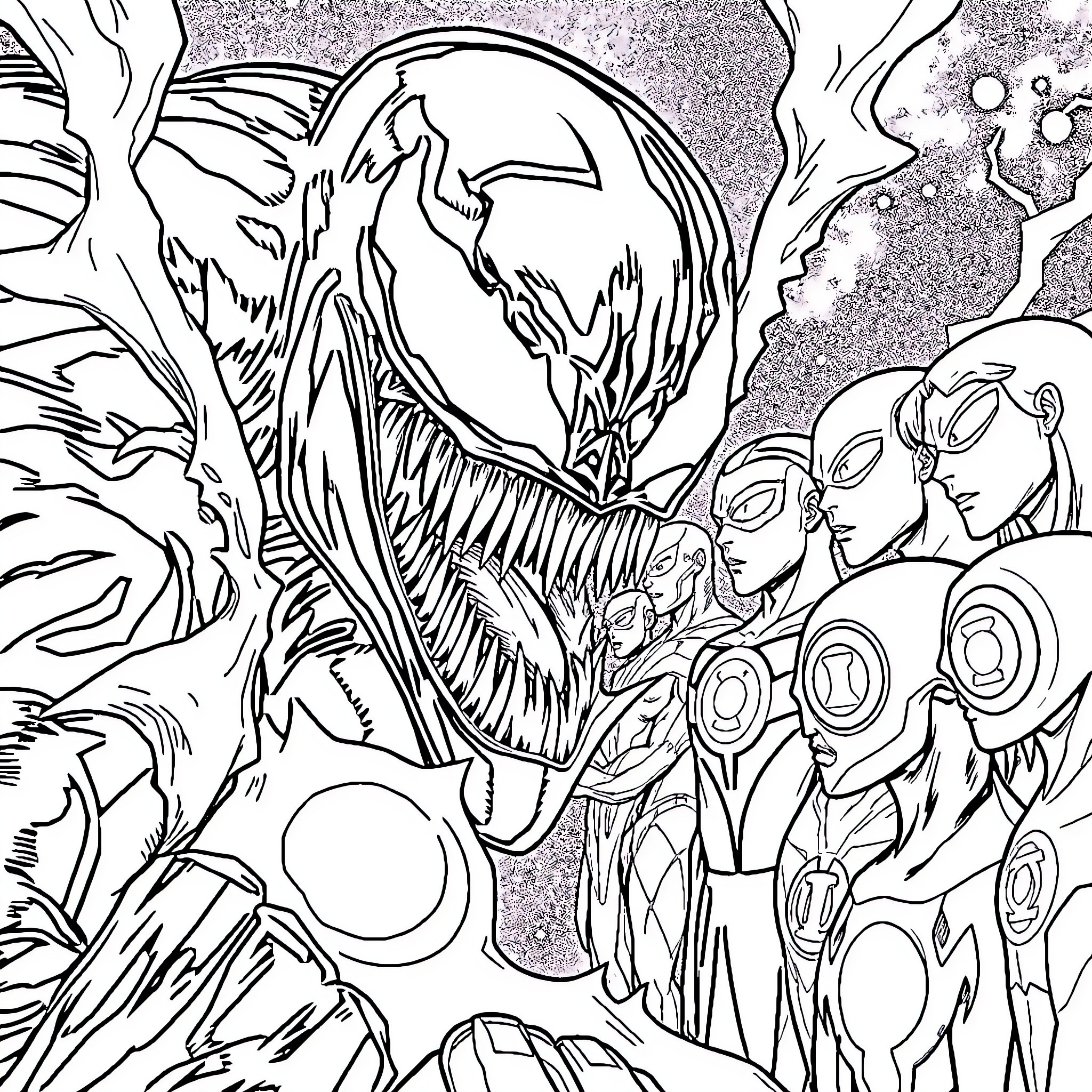 Venom's Sinister Encounter with Marvel Heroes Coloring Page (free black-and-white line drawing printable PDF for all, from beginners to advanced learners, including children, teens, adults, and seniors)