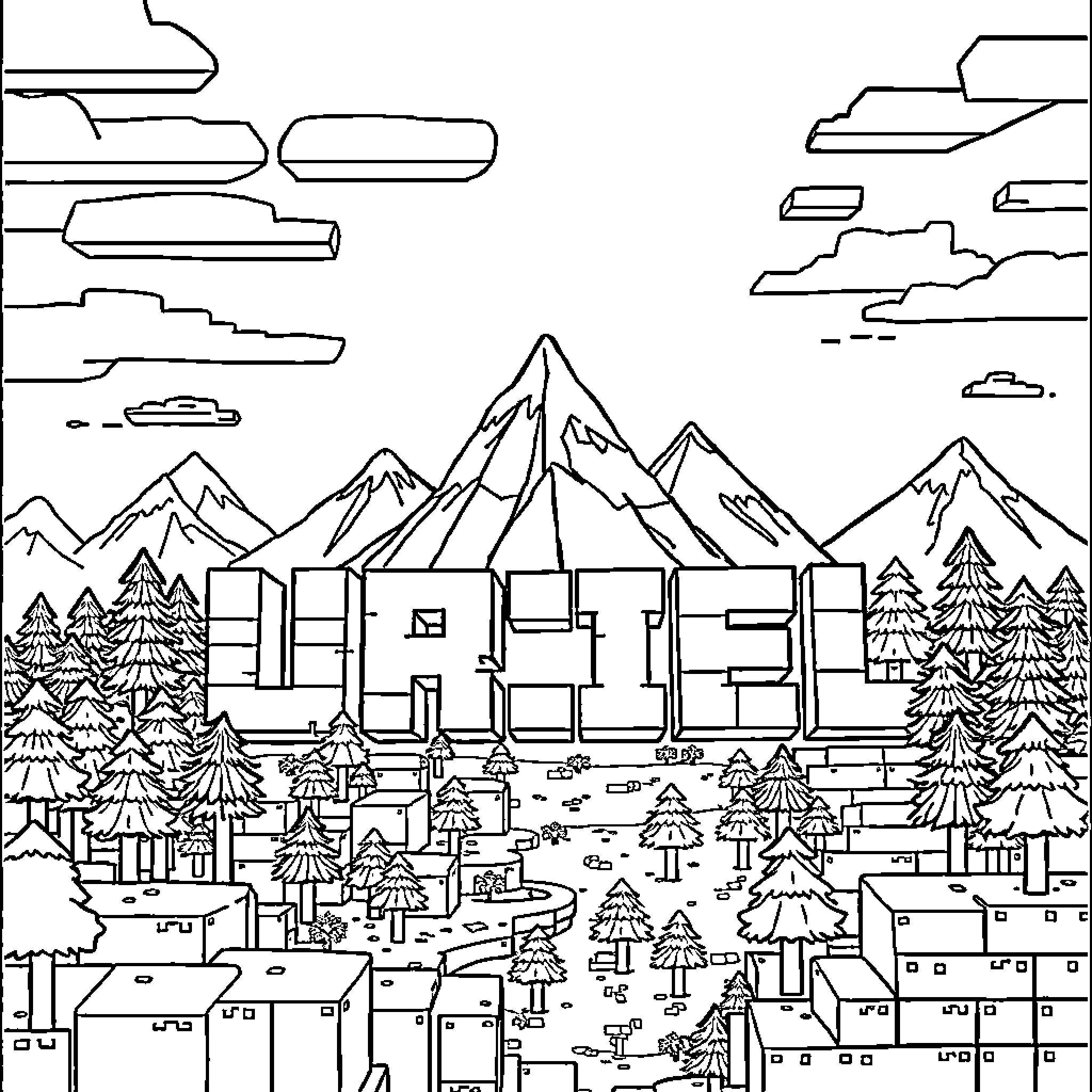 Minecraft mountainous landscape with buildings and trees Coloring Page (free black-and-white line drawing printable PDF for all, from beginners to advanced learners, including children, teens, adults, and seniors)
