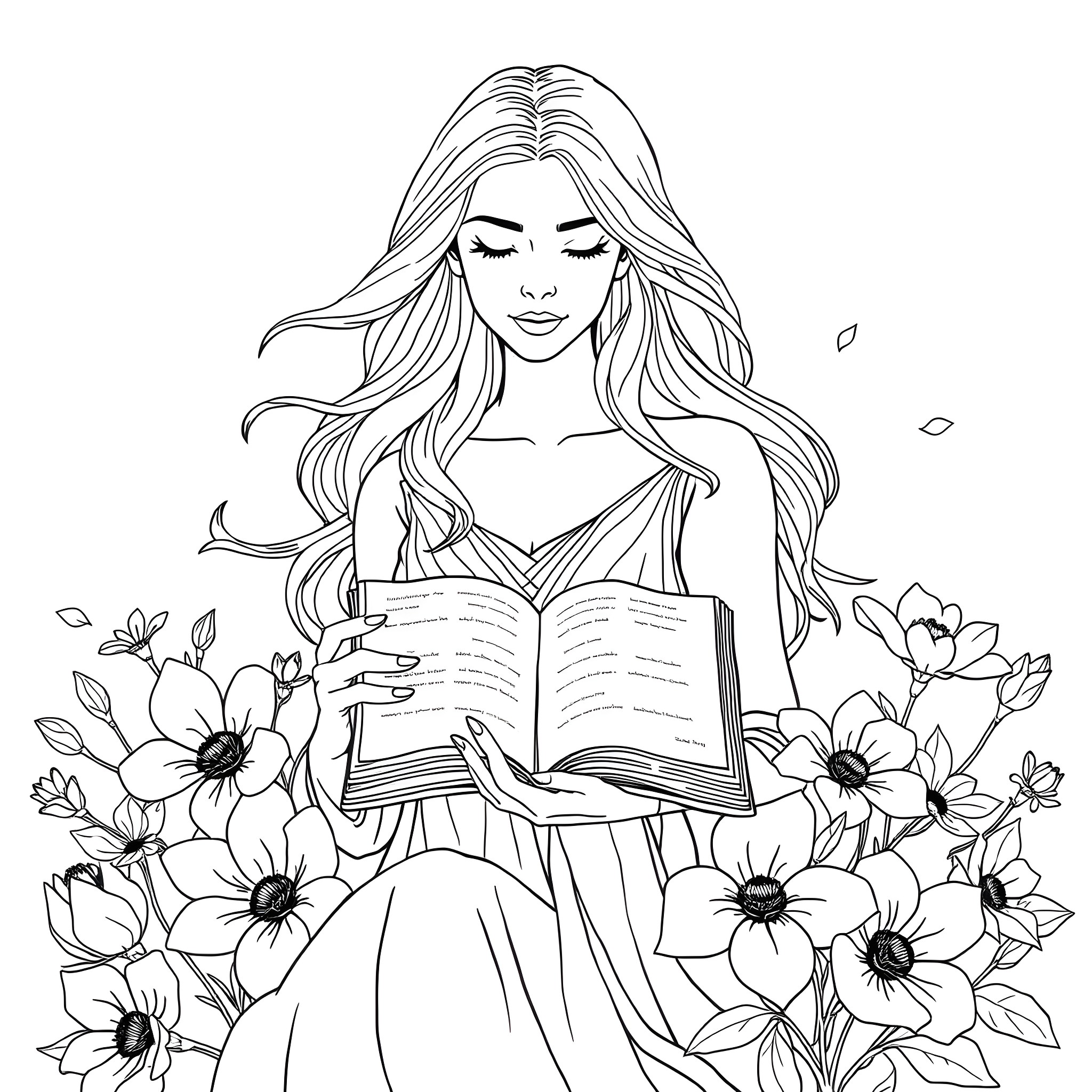 Woman reading book surrounded by flowers Coloring Page (free black-and-white line drawing printable PDF for all, from beginners to advanced learners, including children, teens, adults, and seniors)