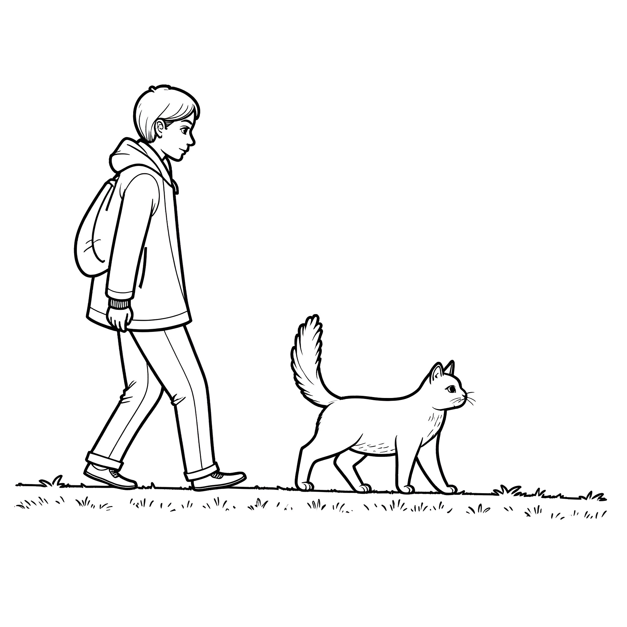 Cat and person walking in the park Coloring Page (free black-and-white line drawing printable PDF for all, from beginners to advanced learners, including children, teens, adults, and seniors)