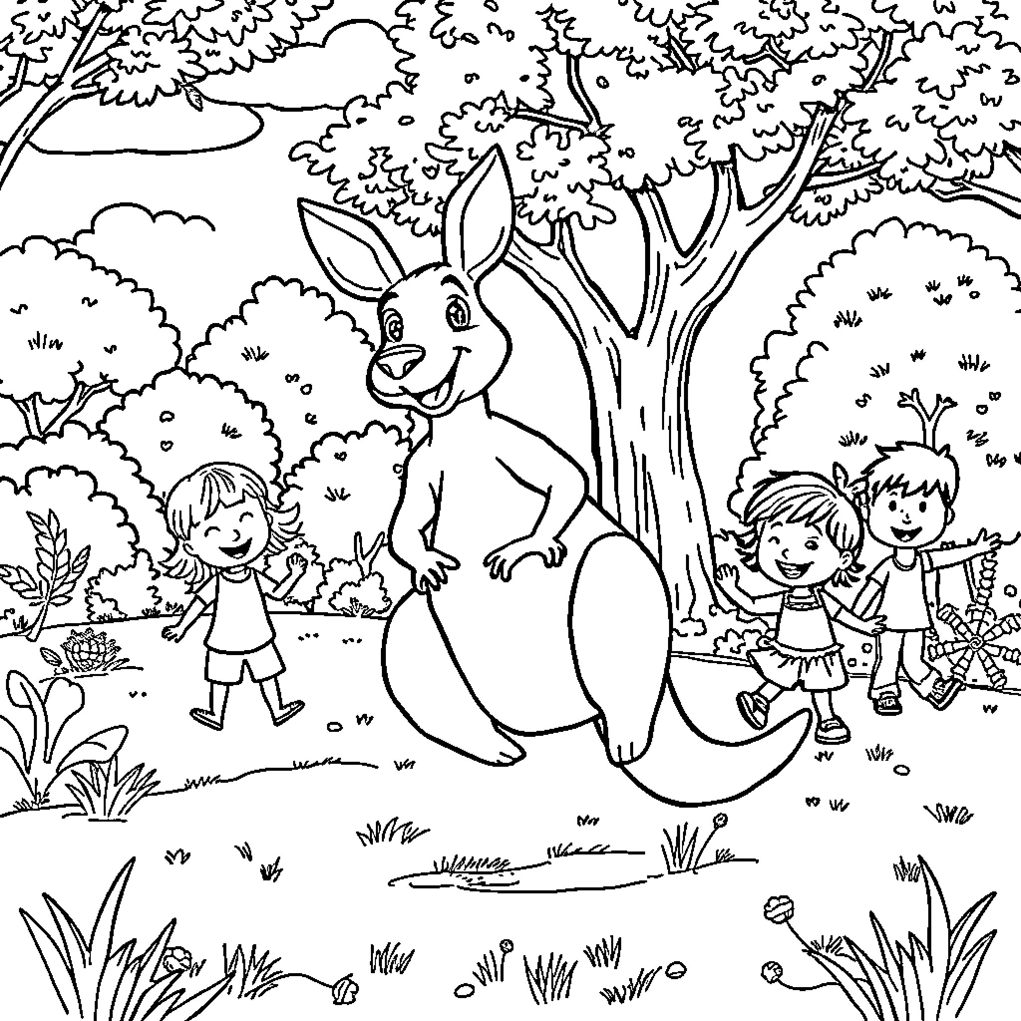 Kangaroo and children playing in the forest Coloring Page (free black-and-white line drawing printable PDF for all, from beginners to advanced learners, including children, teens, adults, and seniors)