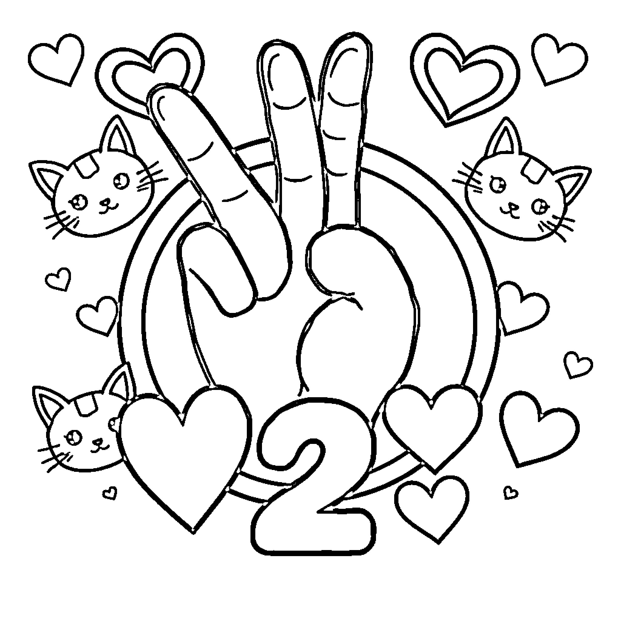 Peace Sign with Cute Cats and Hearts Coloring Page (free black-and-white line drawing printable PDF for all, from beginners to advanced learners, including children, teens, adults, and seniors)