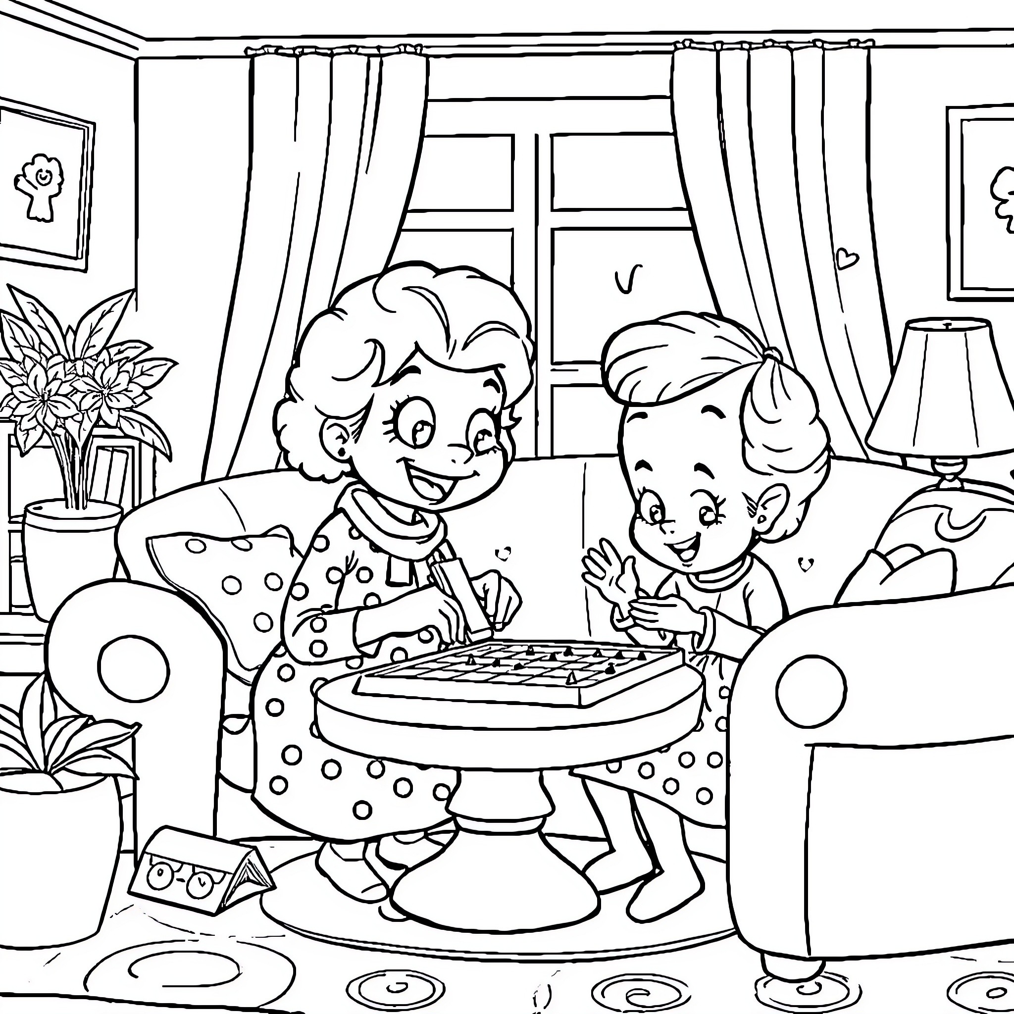 Bluey and friends enjoy a cozy game night at home Coloring Page (free black-and-white line drawing printable PDF for all, from beginners to advanced learners, including children, teens, adults, and seniors)